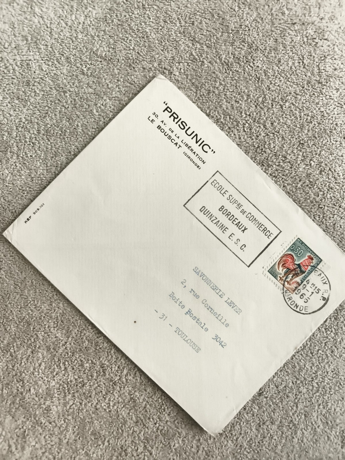 Lettre oblitérée 1961 PRISUNIC cachet Bordeaux timbre coq philatélie France