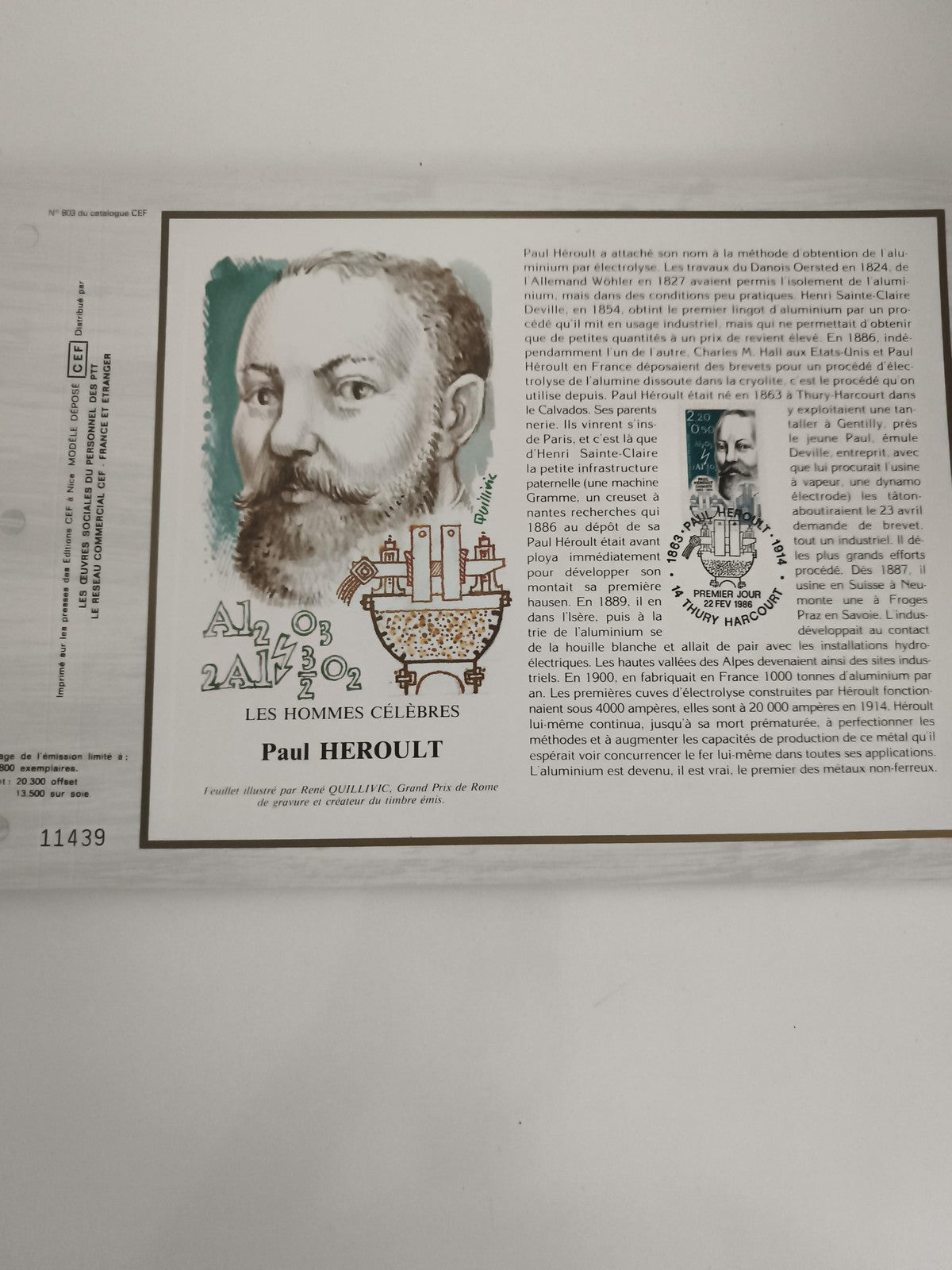 Feuillet CEF Paul Héroult timbre 2,20F Les Hommes Célèbres philatélie