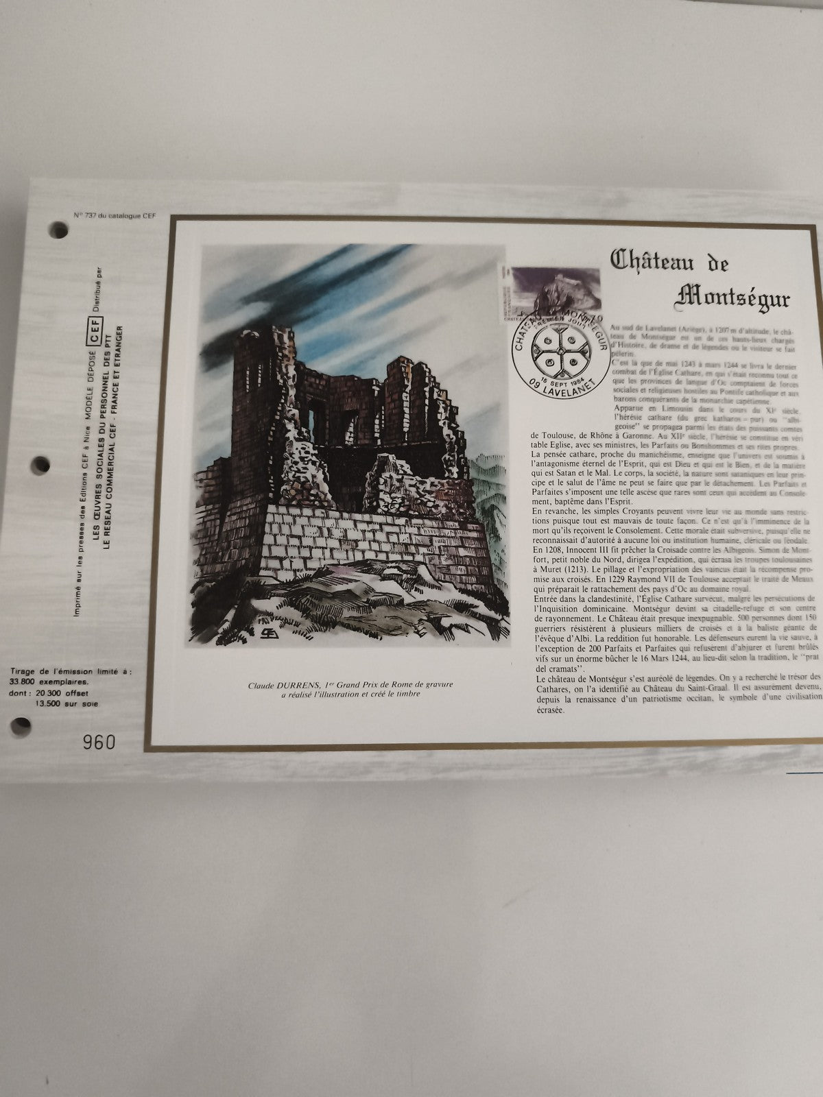 Feuillet philatélique CEF Château de Montségur oblitéré, illustration Durrens