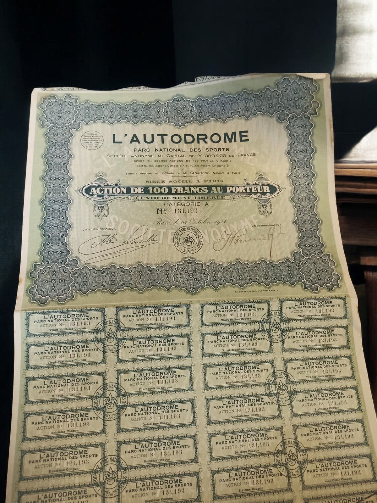 Action au porteur L’AUTODROME 1921 vintage ancien certificat décor rétro