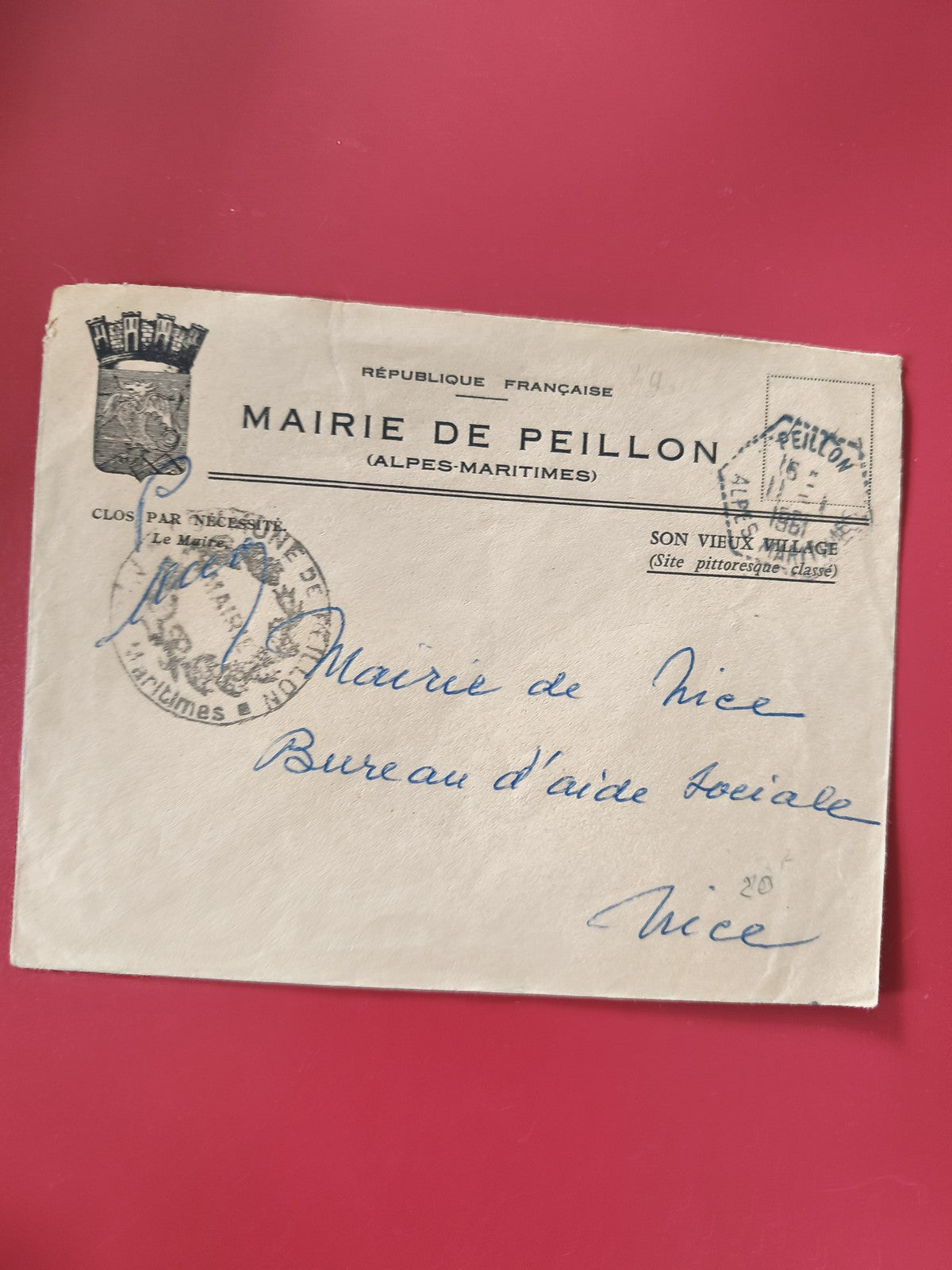 Enveloppe philatélie Mairie de Peillon Alpes-Maritimes cachet postal visible