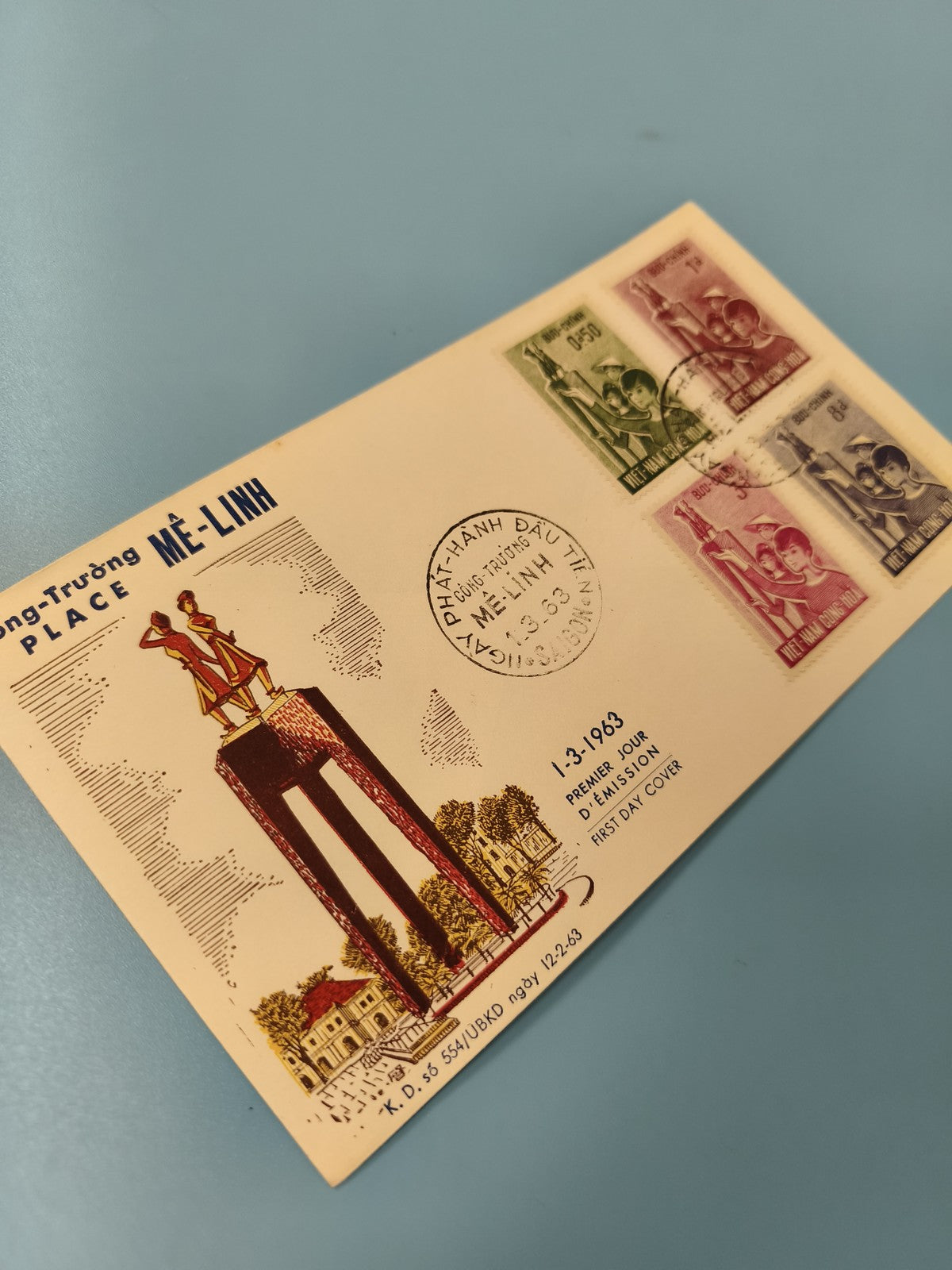 Ancienne enveloppe FDC Vietnam 1963 timbres Place Me Linh illustrée collection