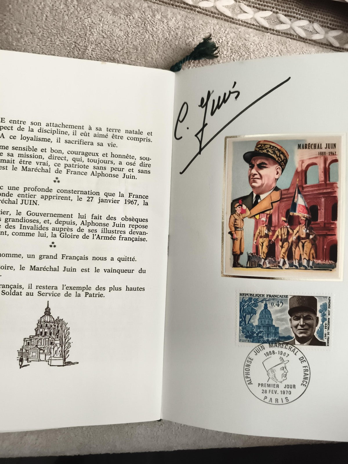 Carte Premier Jour Maréchal Juin 1970 timbre 0,45 F + illustration Paris Philaté