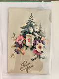 Carte postale ancienne Bonne Année fleurs sapin calendrier CPA vintage