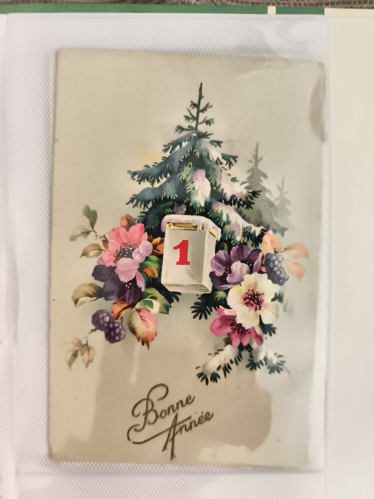 Carte postale ancienne Bonne Année fleurs sapin calendrier CPA vintage