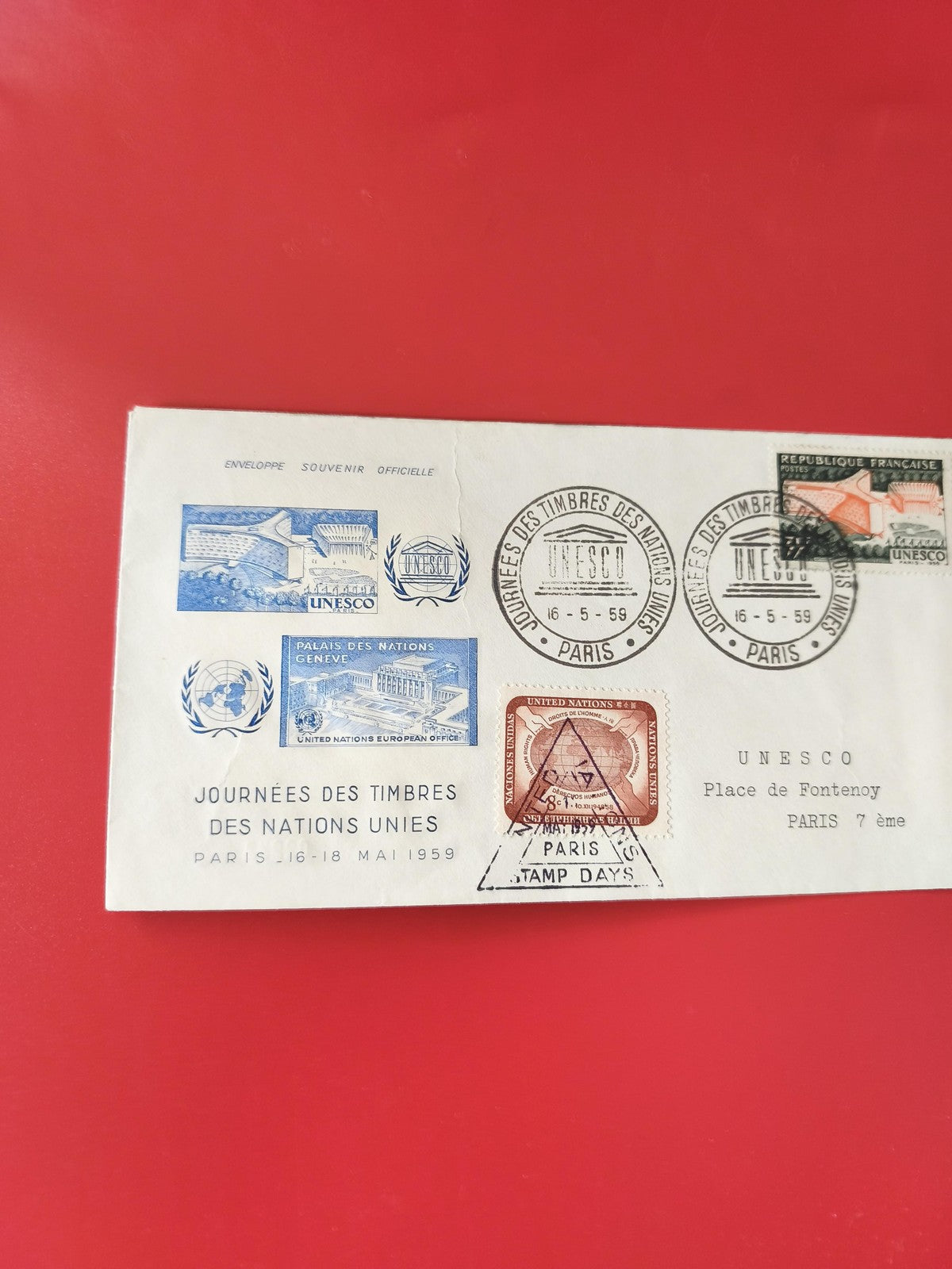 Enveloppe philatélie UNESCO Paris 1959 Journées des Timbres Nations Unies