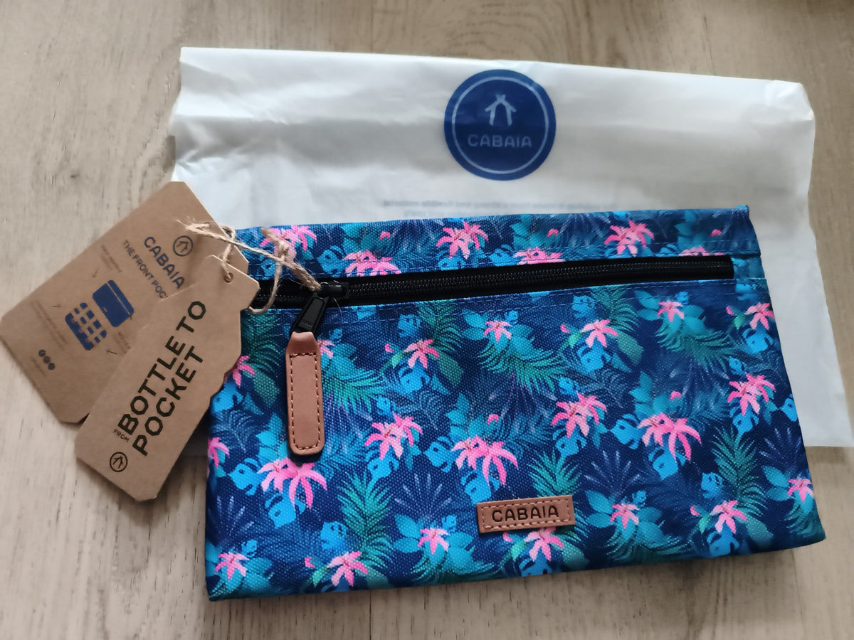 Pochette Cabaia motif tropical bleu rose neuve, poche avant amovible 24 cm