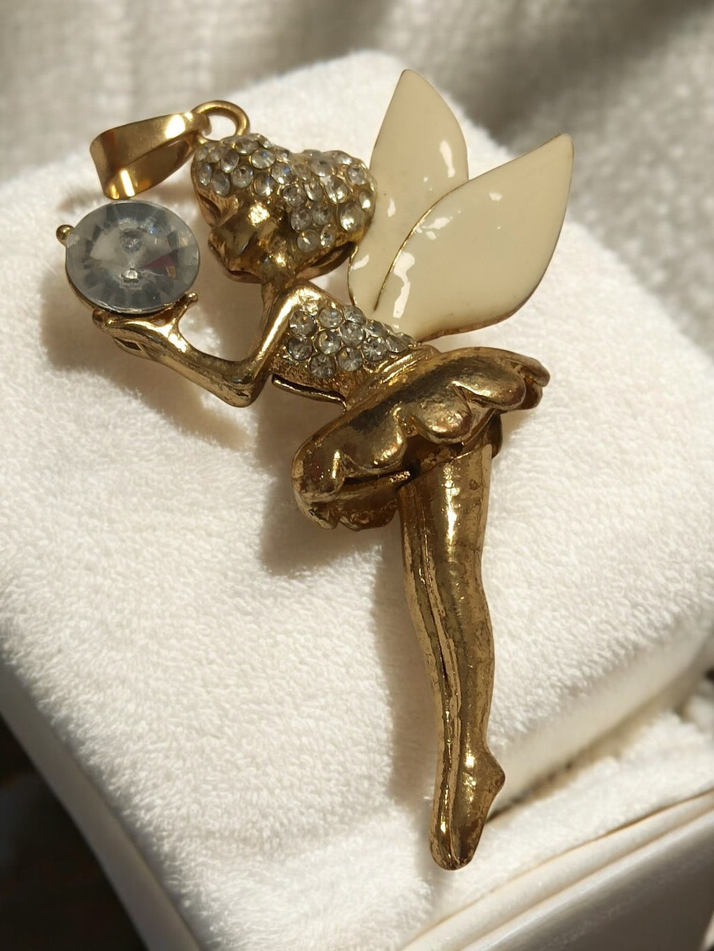 Broche ancienne fée dorée rétro, strass scintillants, bijou vintage collection