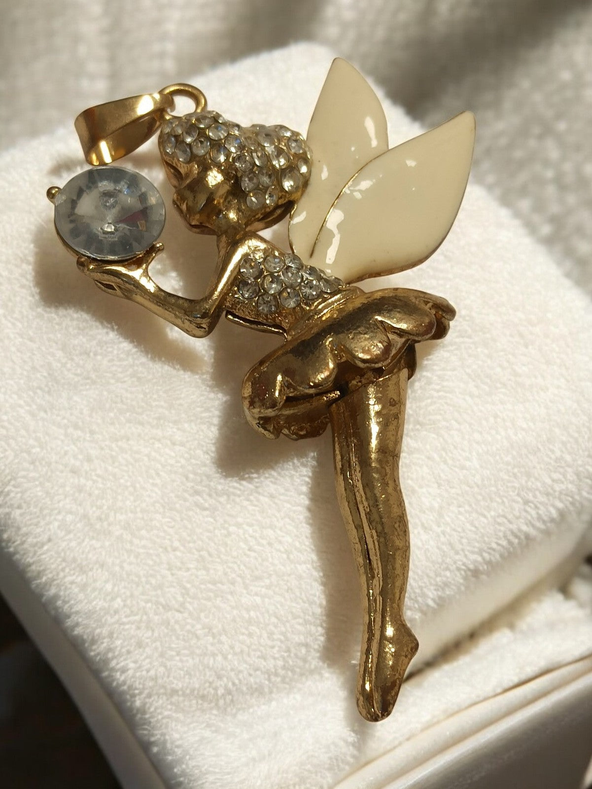 Broche ancienne fée dorée rétro, strass scintillants, bijou vintage collection