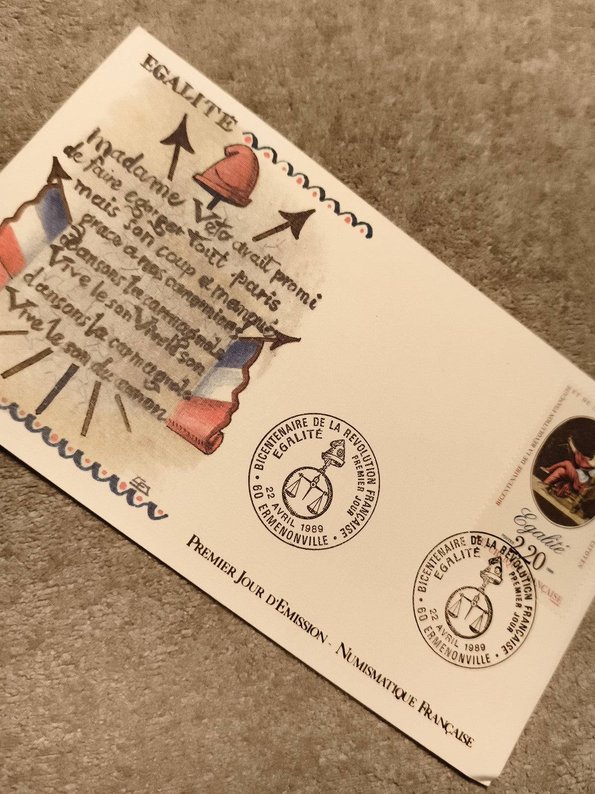 Lettre FDC Bicentenaire Révolution 1989 Egalité Marianne timbre 2,20F France