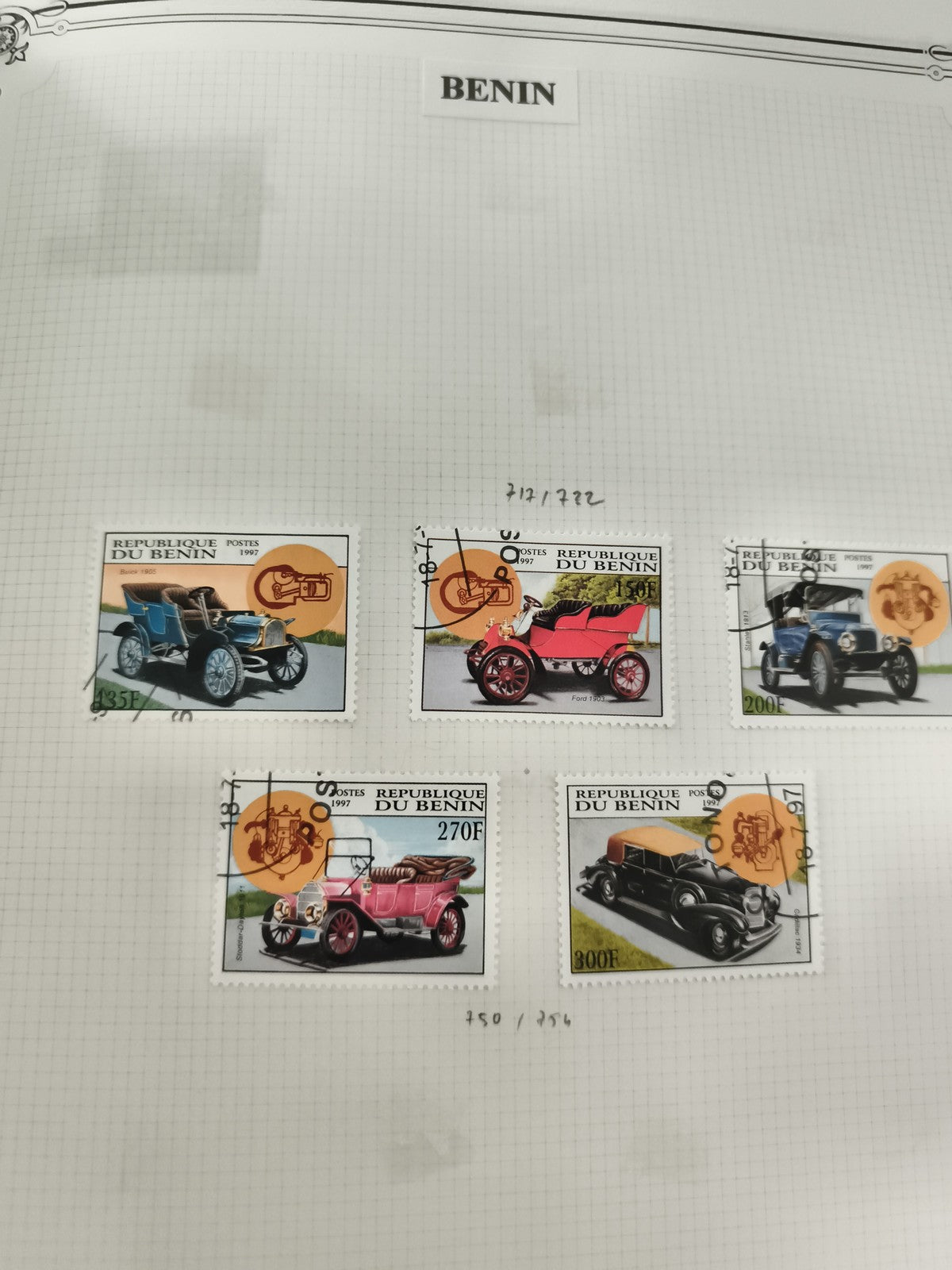 Timbres automobiles anciennes Bénin 1997, lot 5, philatélie voitures