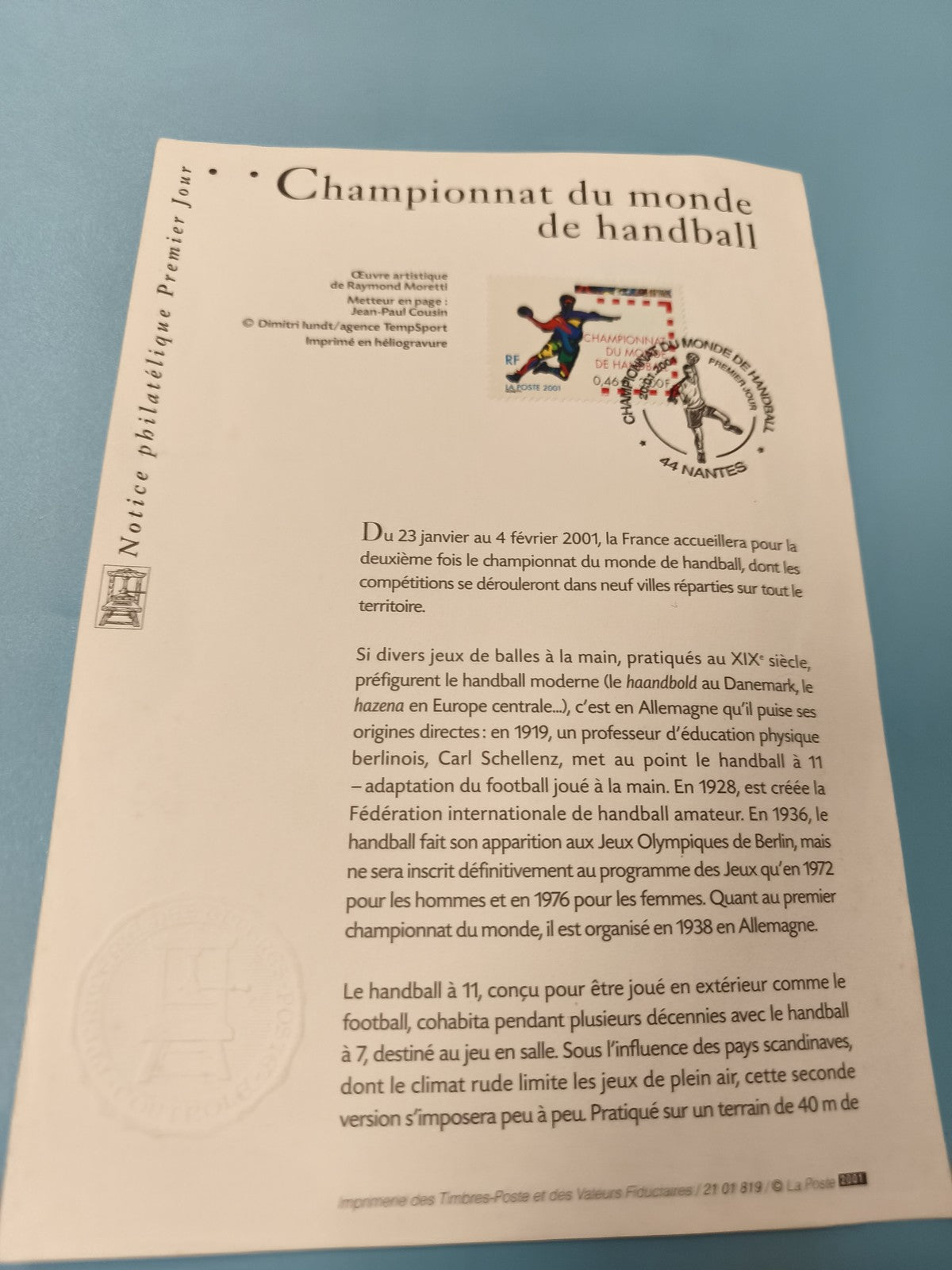 Ancienne enveloppe FDC Championnat du monde handball 2001 Nantes timbre sport