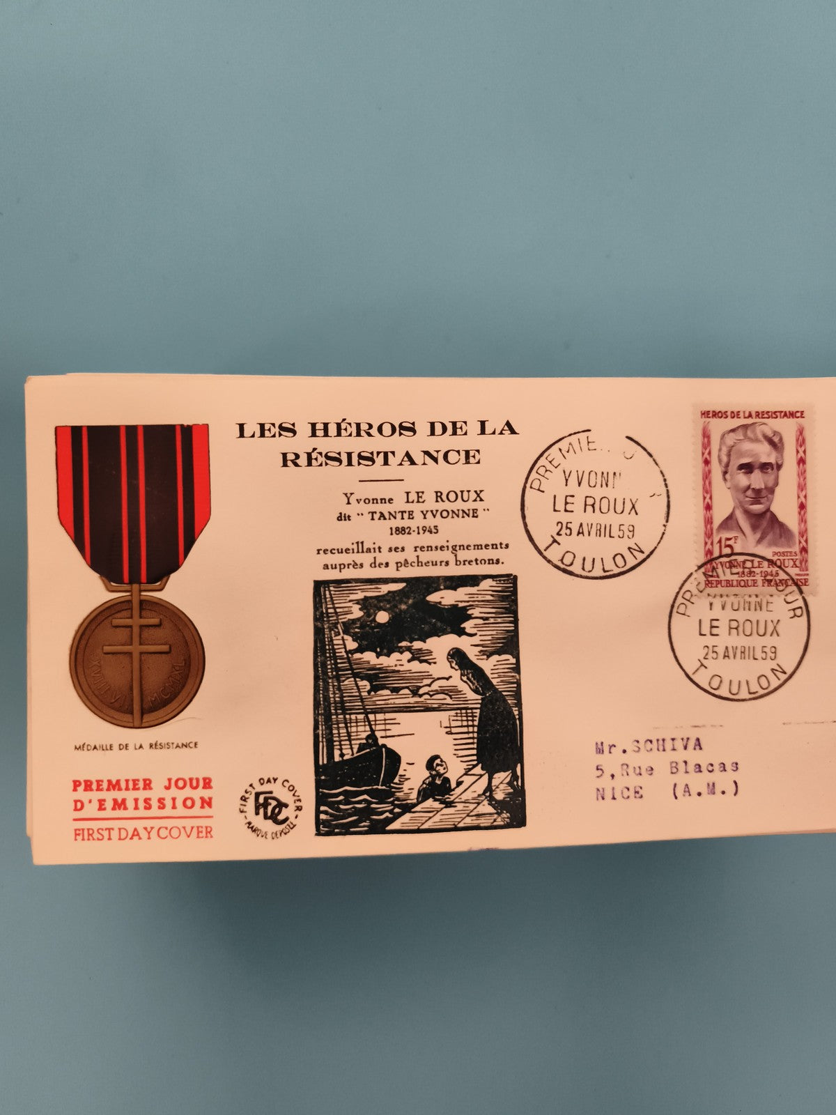 Lettre premier jour Héros Résistance Yvonne Le Roux 1959 FDC Toulon philatélie