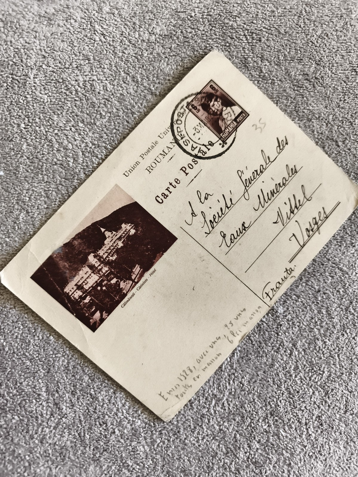 Carte postale Roumanie timbre 1930s, photo Cazinoul Constanta, philatélie