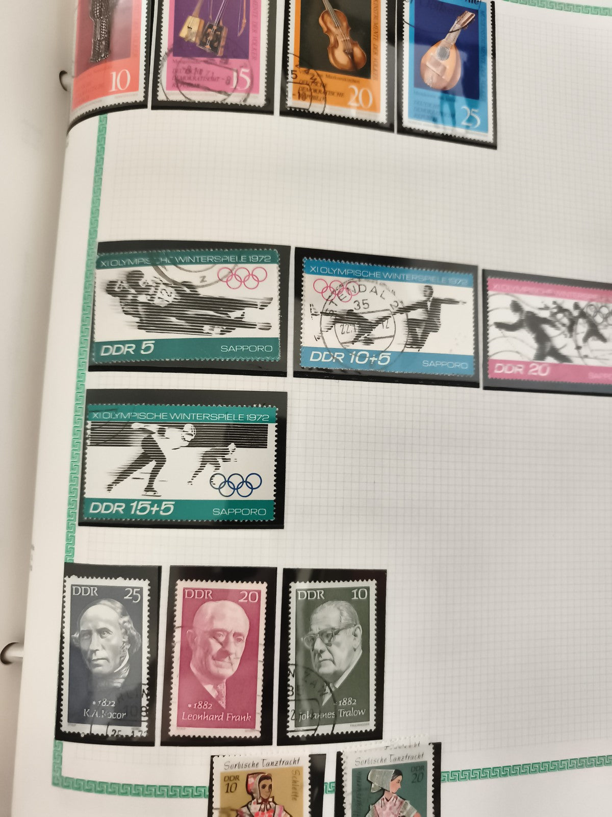 Timbres DDR oblitérés instruments musique Sapporo 1972 portraits Allemagne