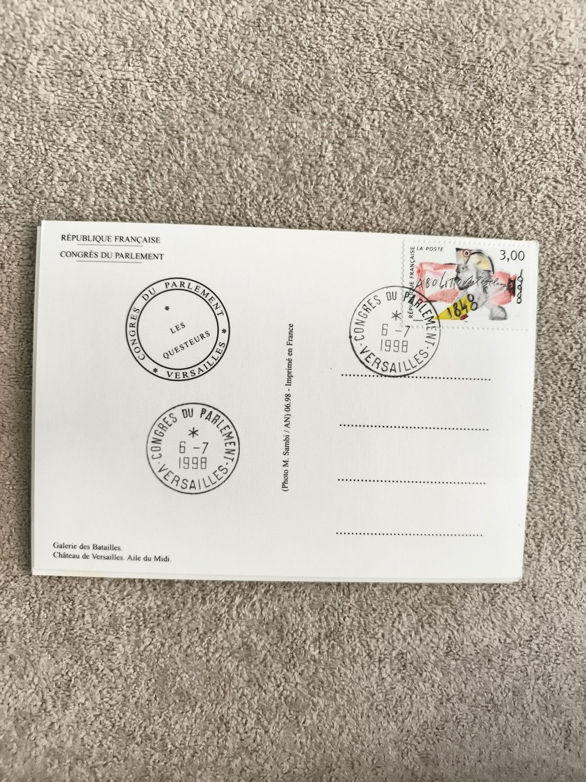 Carte postale oblitérée Congrès Parlement Versailles 1998 philatélie timbre 3F