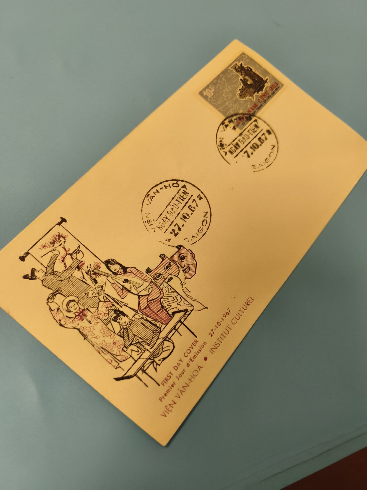 Ancienne enveloppe FDC Vietnam 1967 timbre et illustration Institut Culturel
