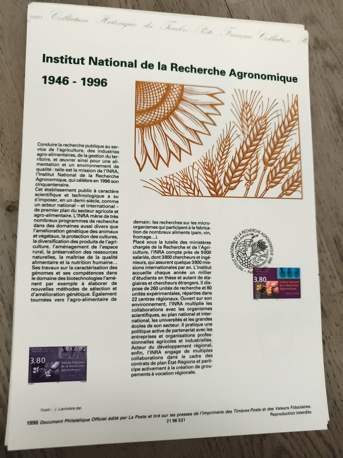 Document philatélique INRA 1946-1996 timbres officiels La Poste France