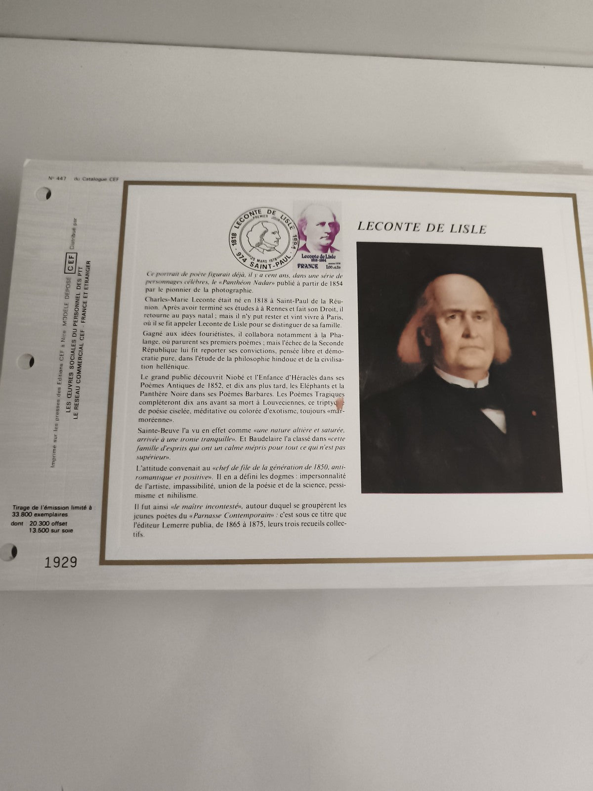 Feuillet philatélique CEF Leconte de Lisle 1988 portrait timbre oblitéré