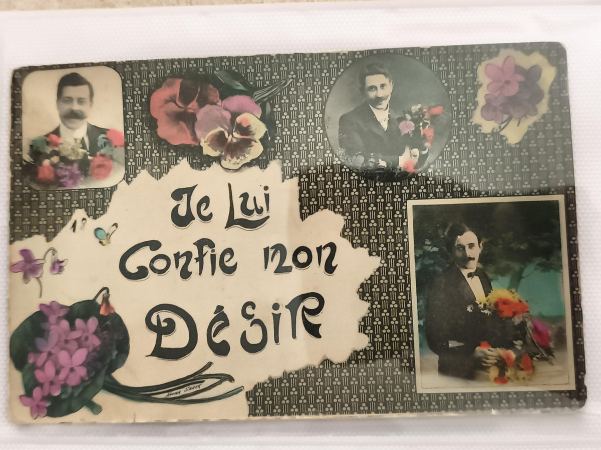 Carte postale ancienne Je lui confie mon désir photo homme fleurs début XXe