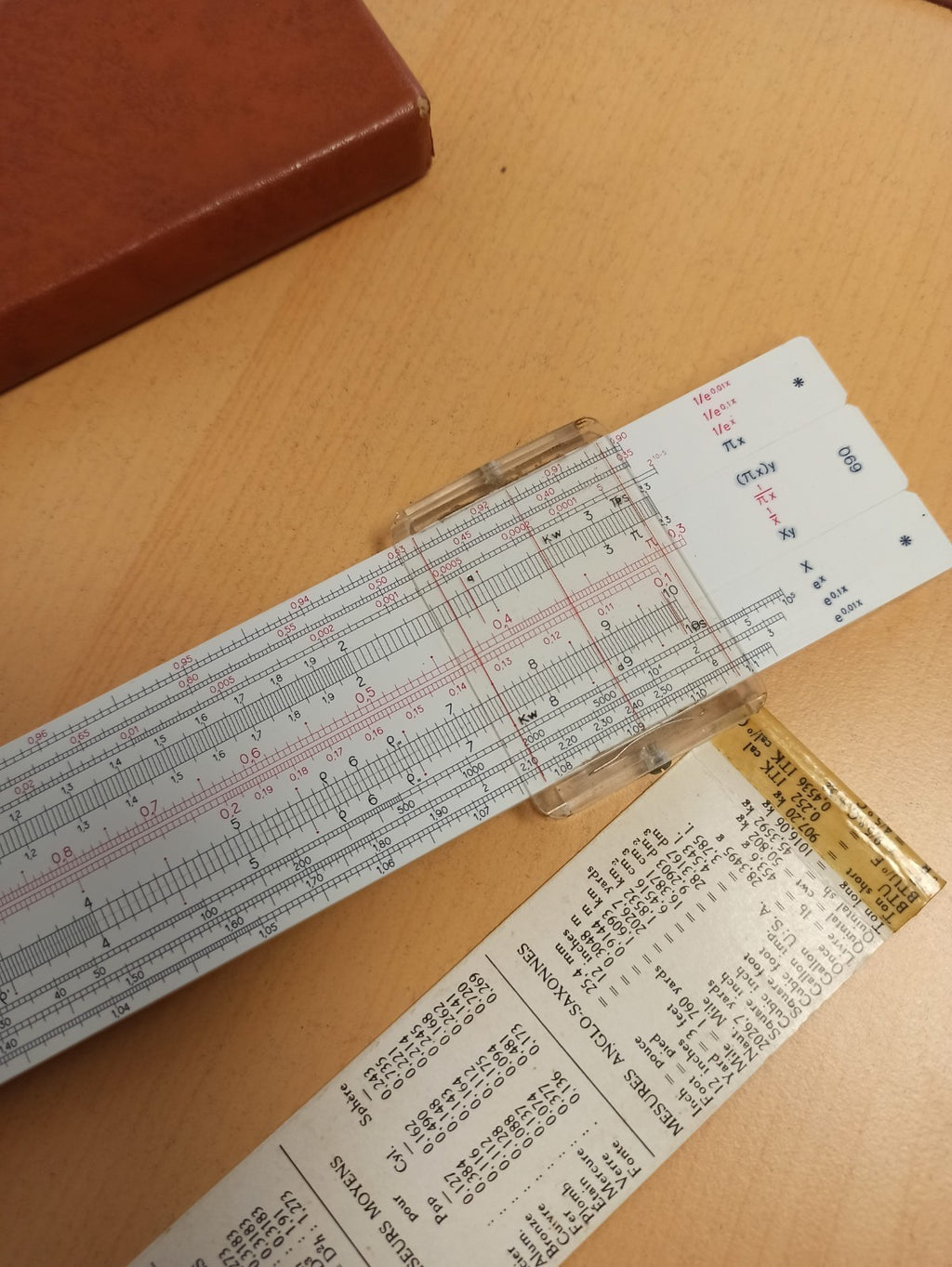 Règle à calcul Raphoplex ancienne avec étui cuir, règle de calcul vintage rétro