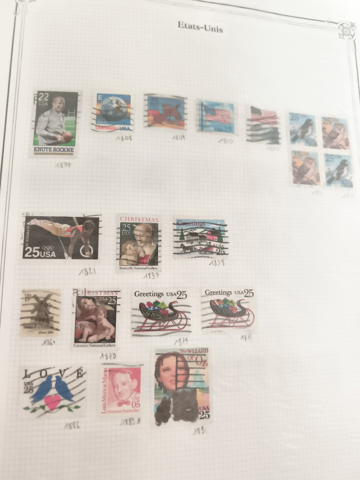 Timbres anciens USA oblitérés lot x18 – thématiques sport, art, Noël, Love