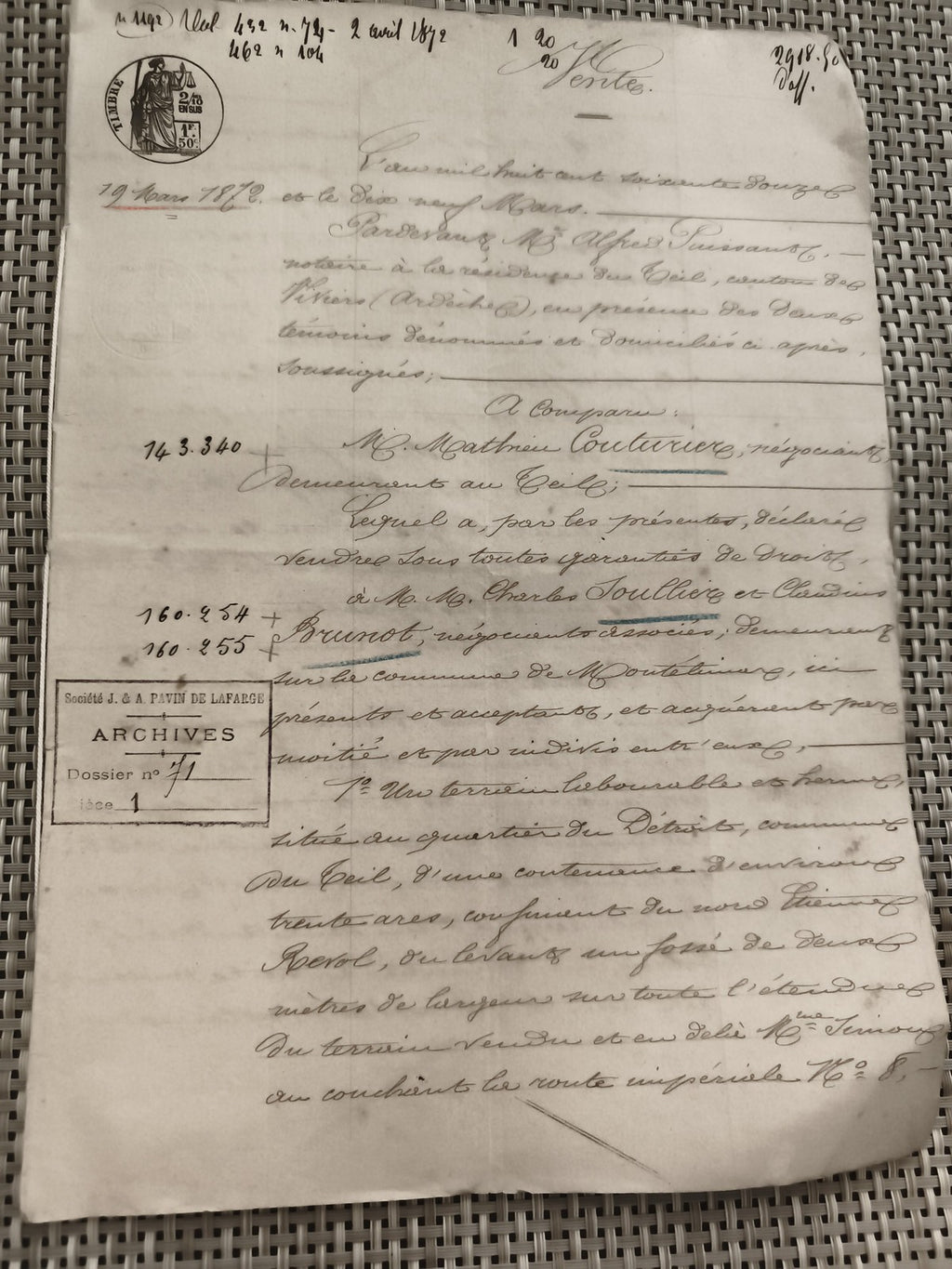 Document manuscrit ancien 1892 vente terrain, cachet, archives Lafage