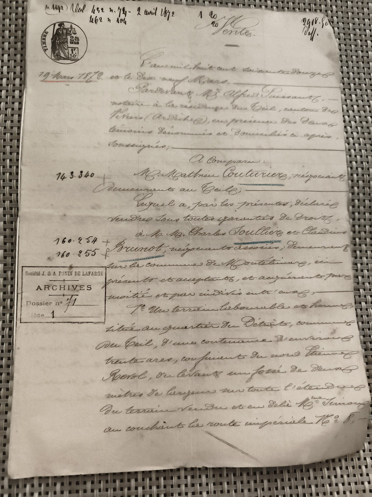 Document manuscrit ancien 1892 vente terrain, cachet, archives Lafage