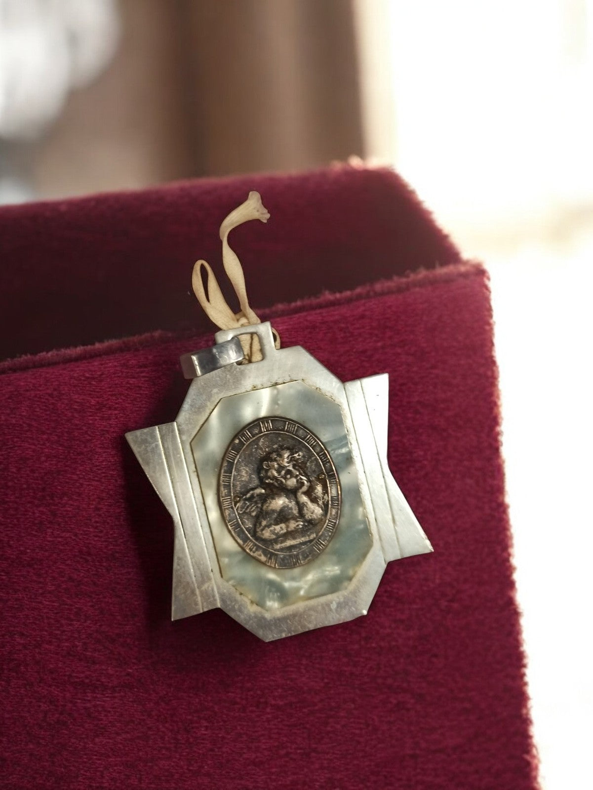 Vintage silver-plated religious plaque, angel medallion, retro decoration