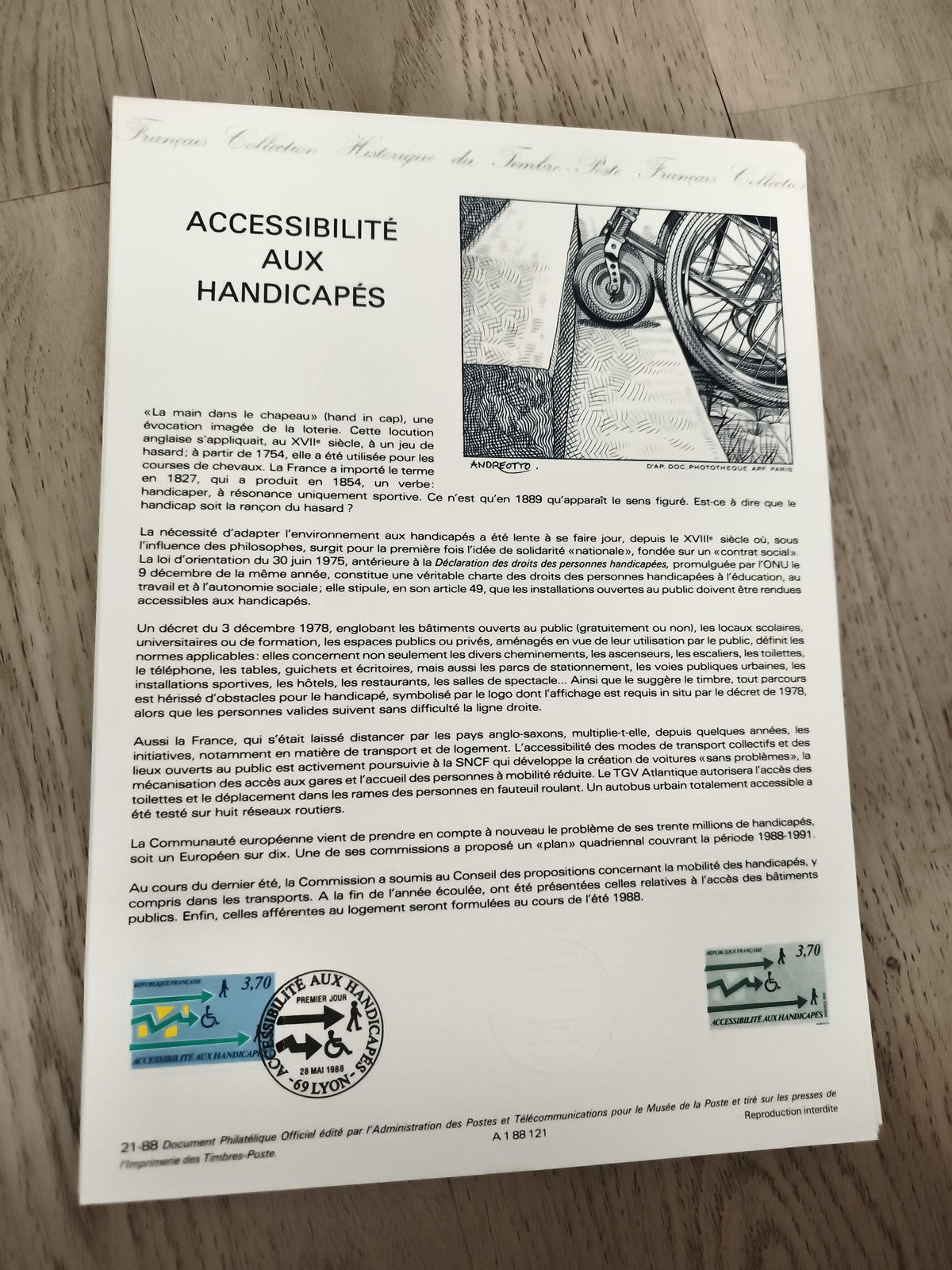 Carte philatélique Accessibilité aux handicapés 1988 timbre 3,70 F oblitérée Lyo