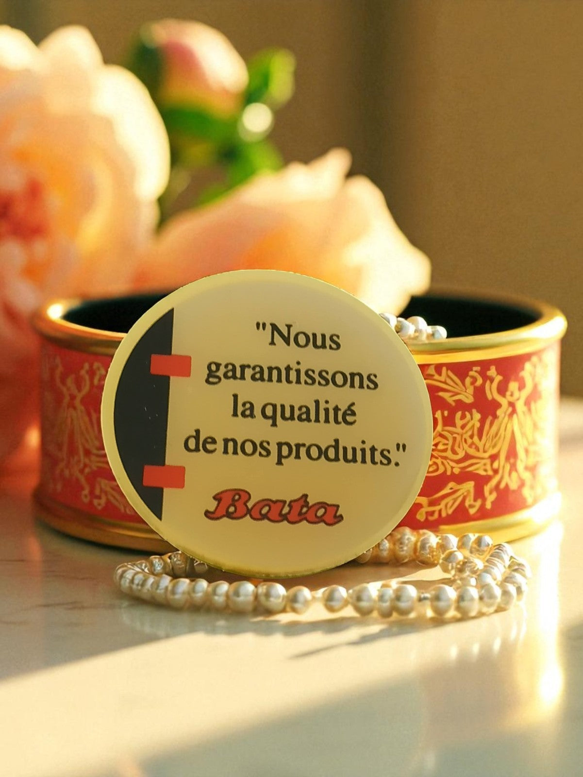 Badge publicitaire vintage Bata rond citation années 80 jaune logo rétro