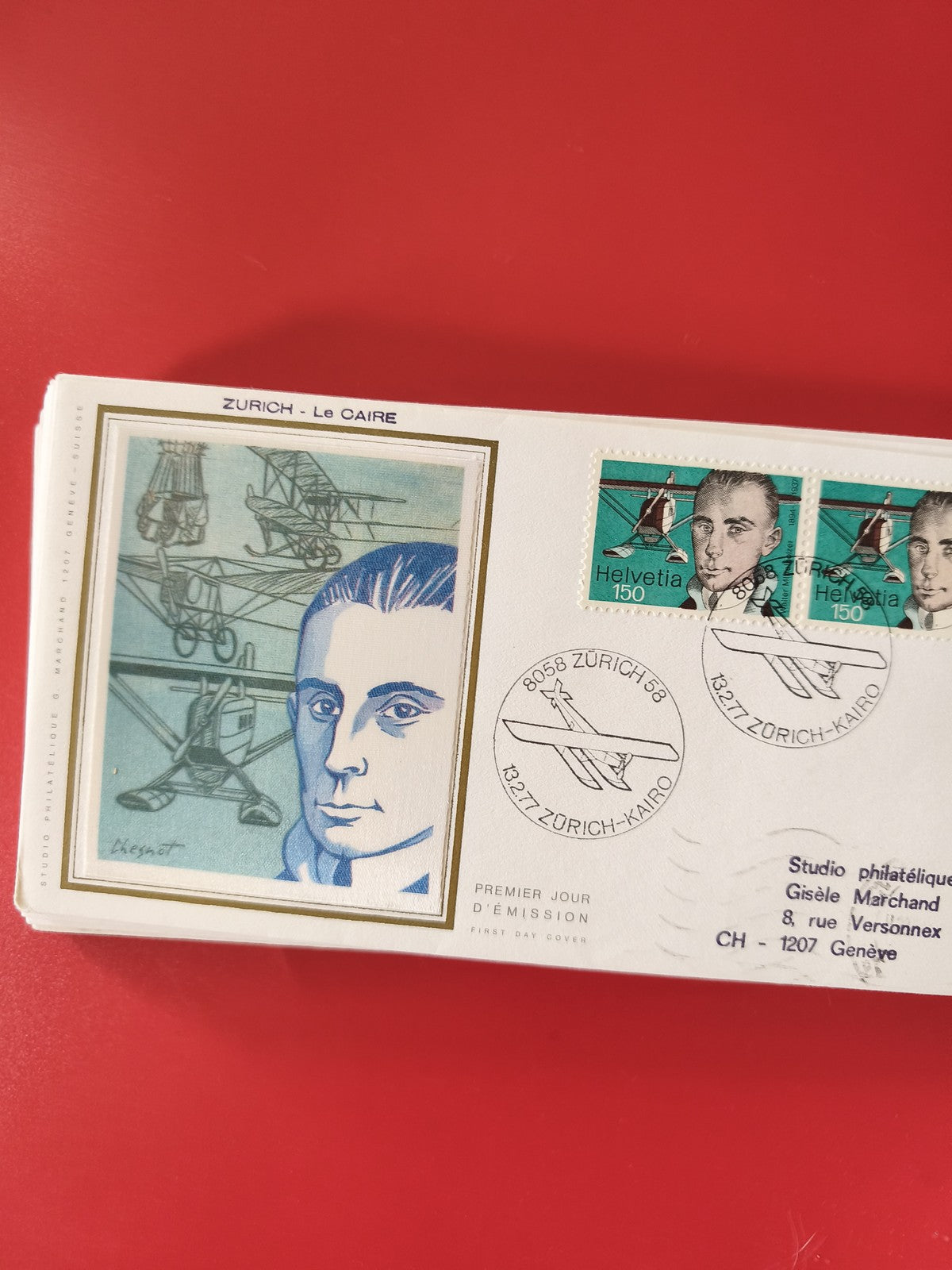 Enveloppe philatélie Zurich-Le Caire premier jour, timbres Helvetia avion