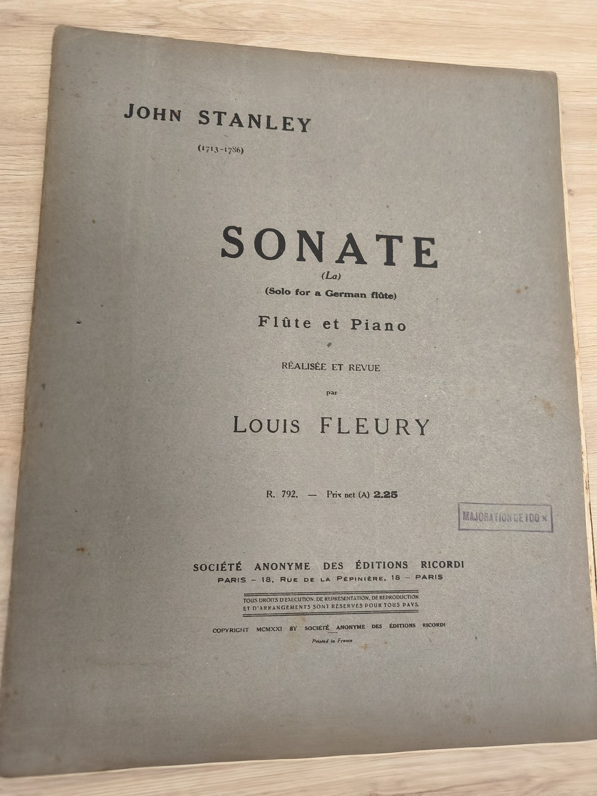 Ancien livre partitions flûte piano Louis Fleury John Stanley Ricordi 1921