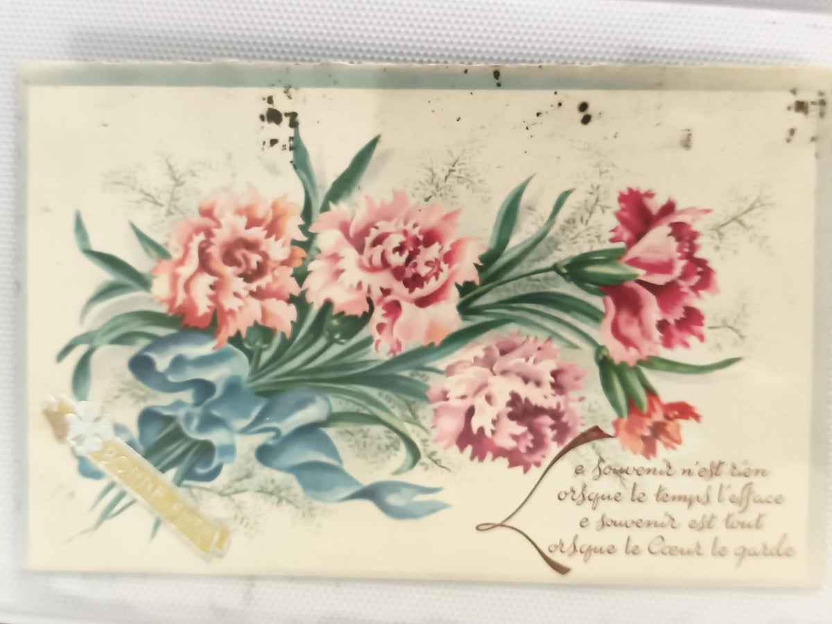 Carte postale ancienne fleurs œillets relief Bonne Année CPA vintage déco