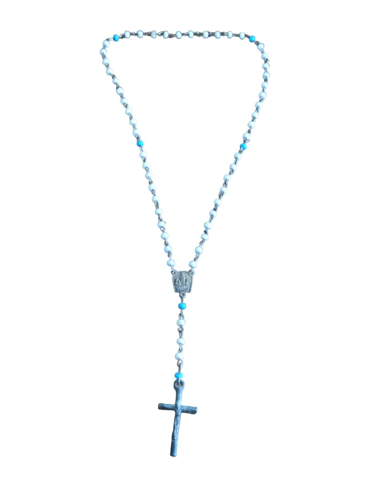 Chapelet ancien enfant Fatima perles blanches bleues croix, religieux vintage