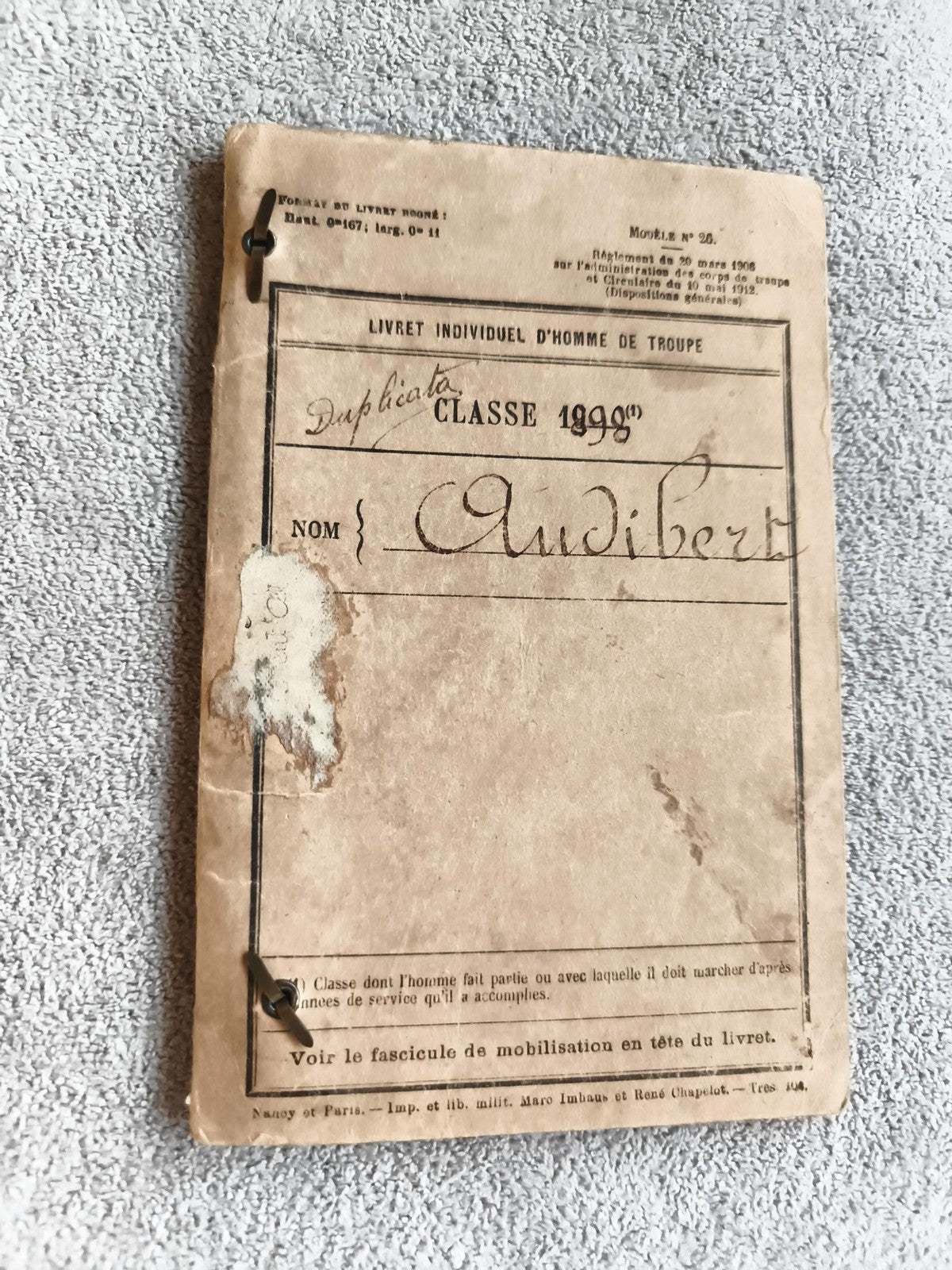 Livret individuel homme troupe ancien duplicata classe 1900 Audibert armée