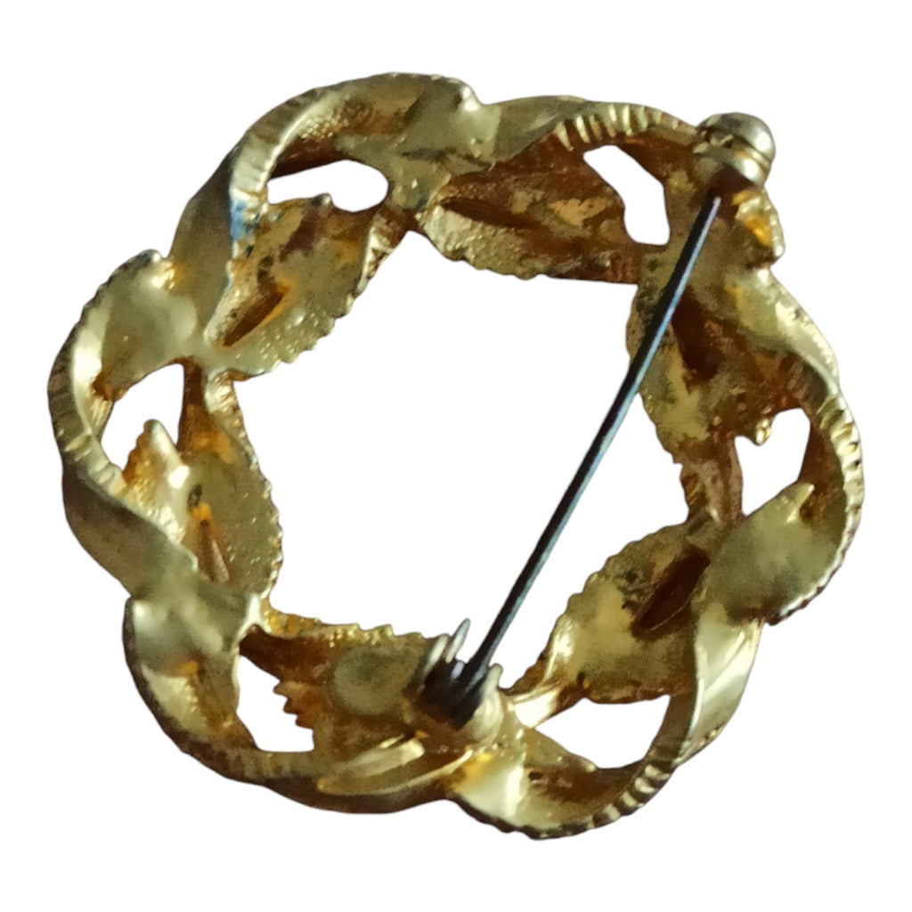 Broche couronne laurier vintage dorure sur métal, bijou ancien feuille or