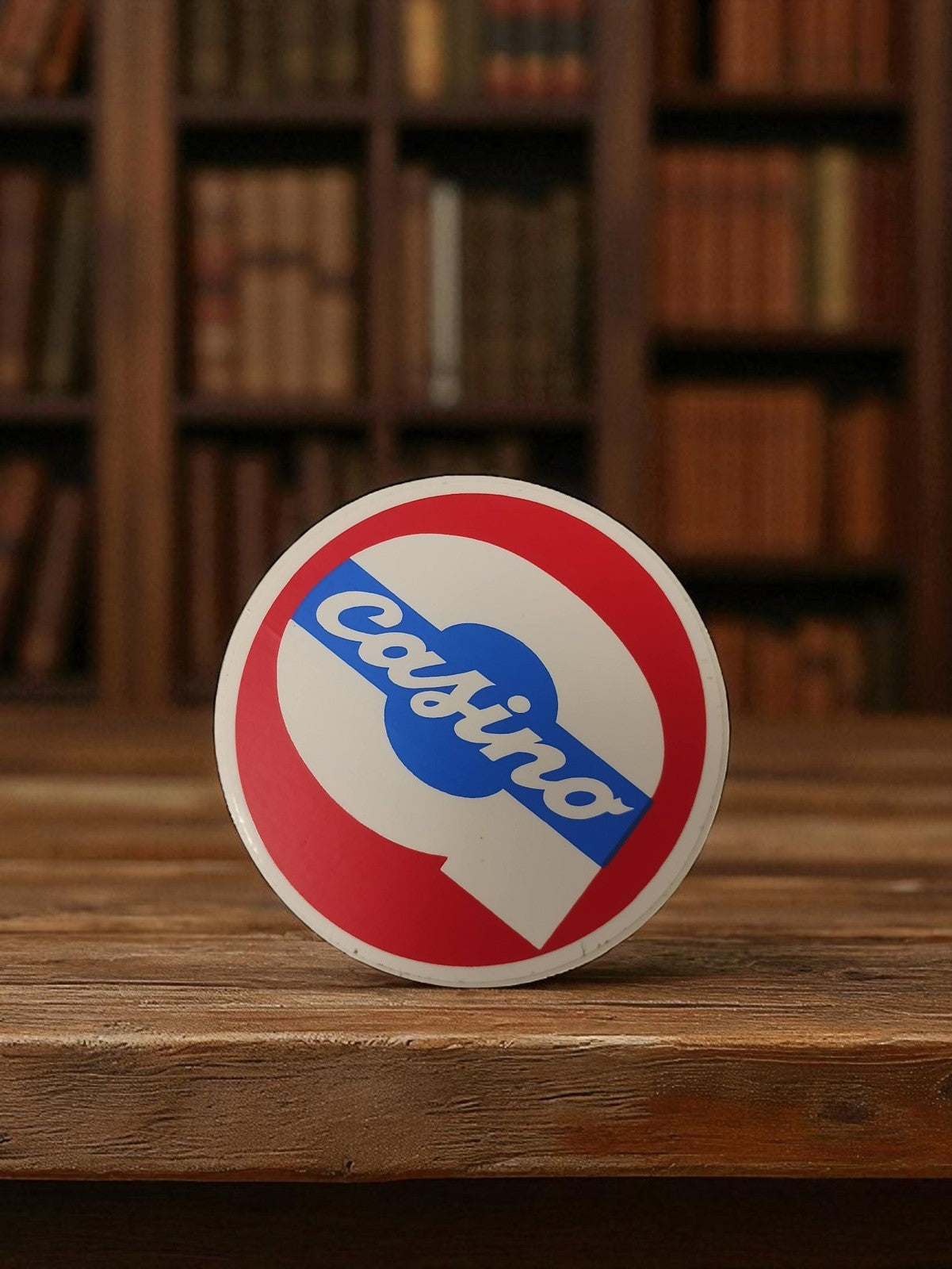 Autocollant publicitaire Casino vintage rond rouge bleu rétro ancien déco