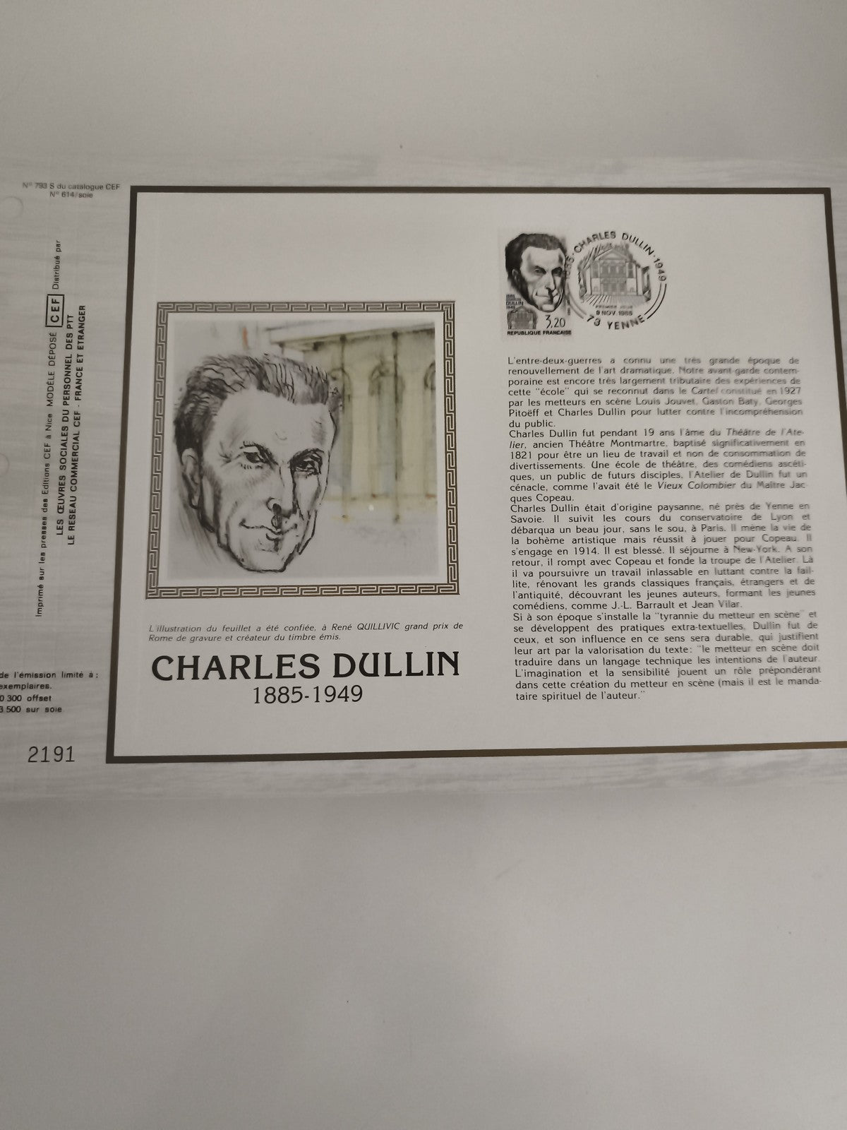 Feuillet CEF Charles Dullin 1885-1949 timbre 1er jour illustration Quillivic