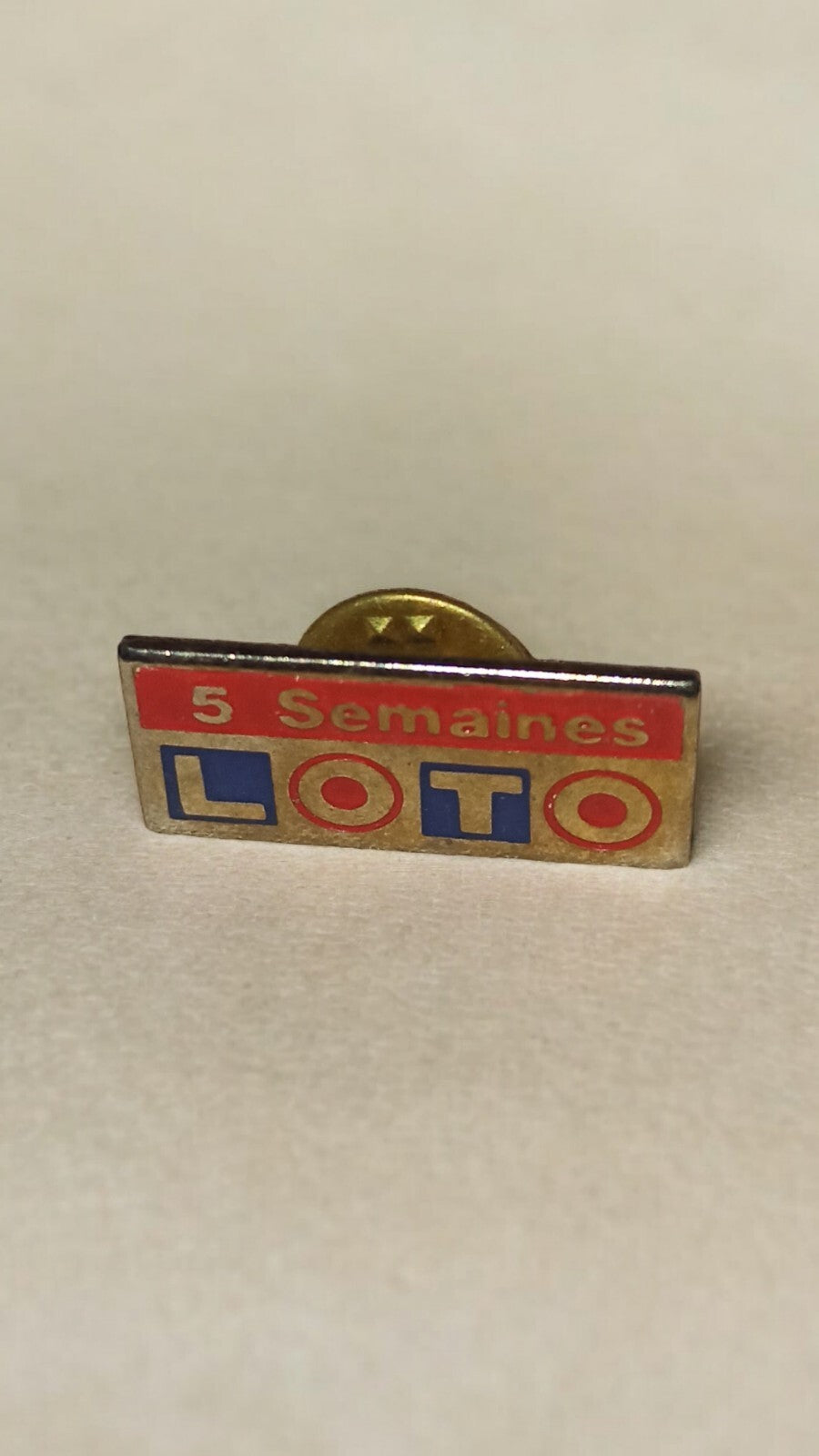 Vintage Loto pin 5 Weeks? rare rectangular tricolor badge