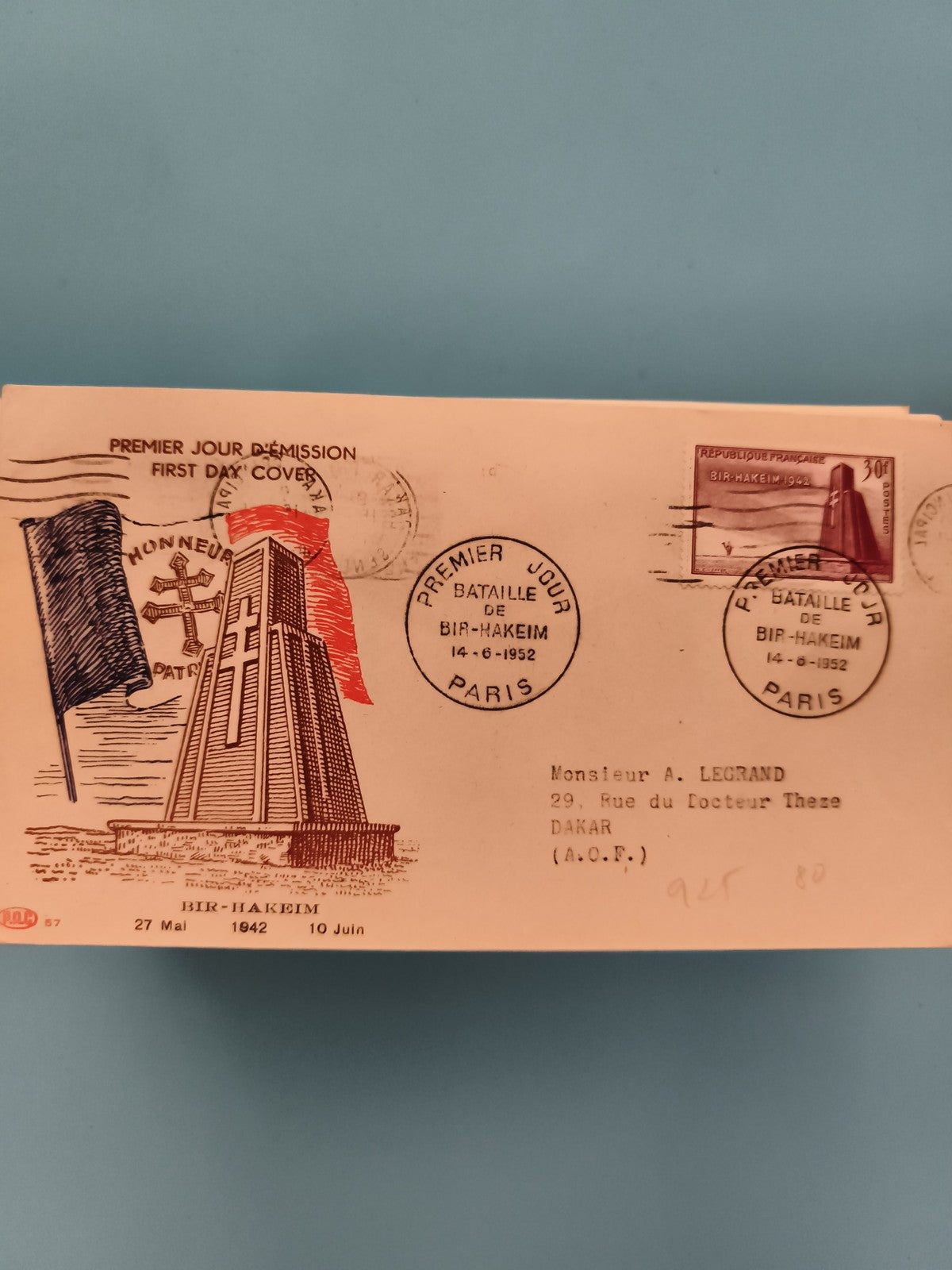 Lettre FDC Bir-Hakeim 1952 timbre 30F France Premier Jour Bataille Paris