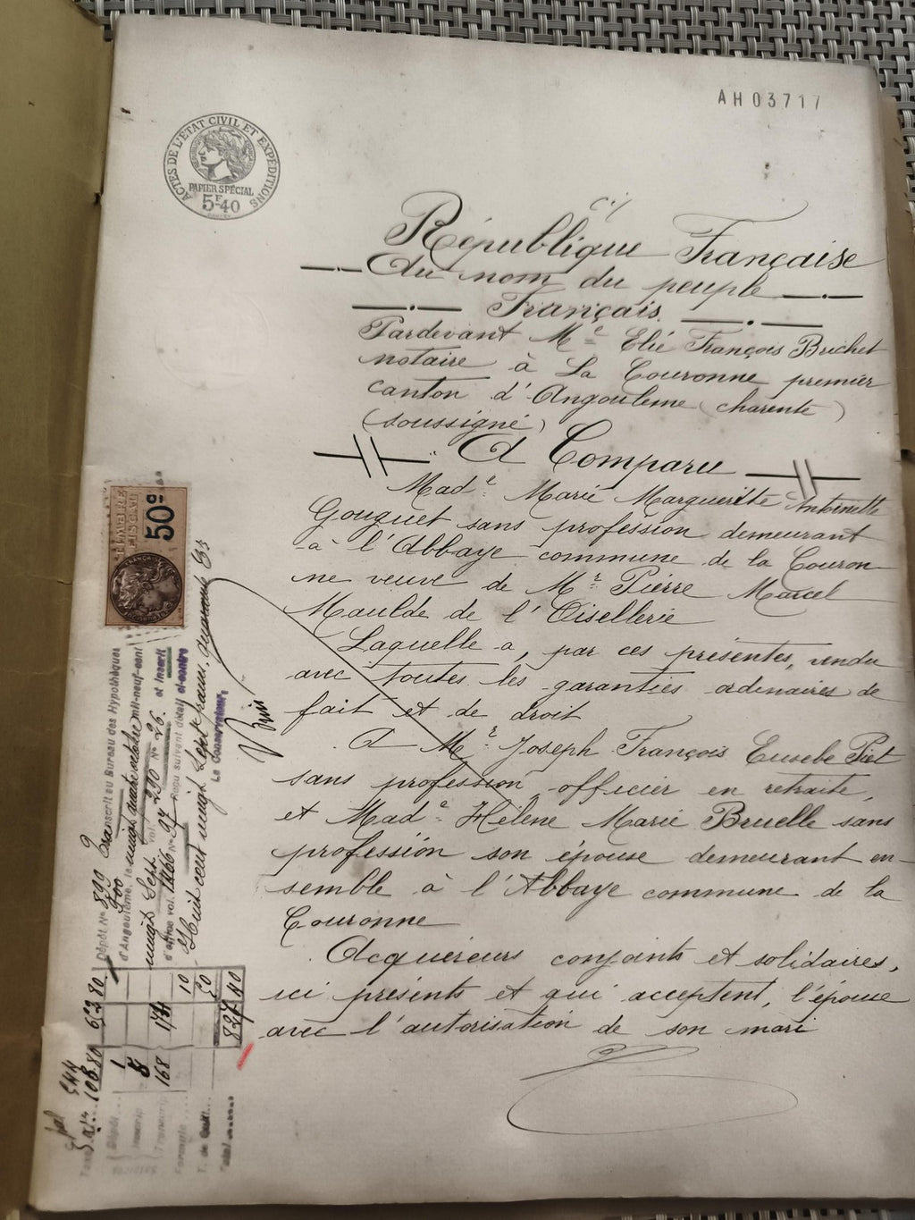 Ancien document notarié manuscrit timbre fiscal République Française 1900s