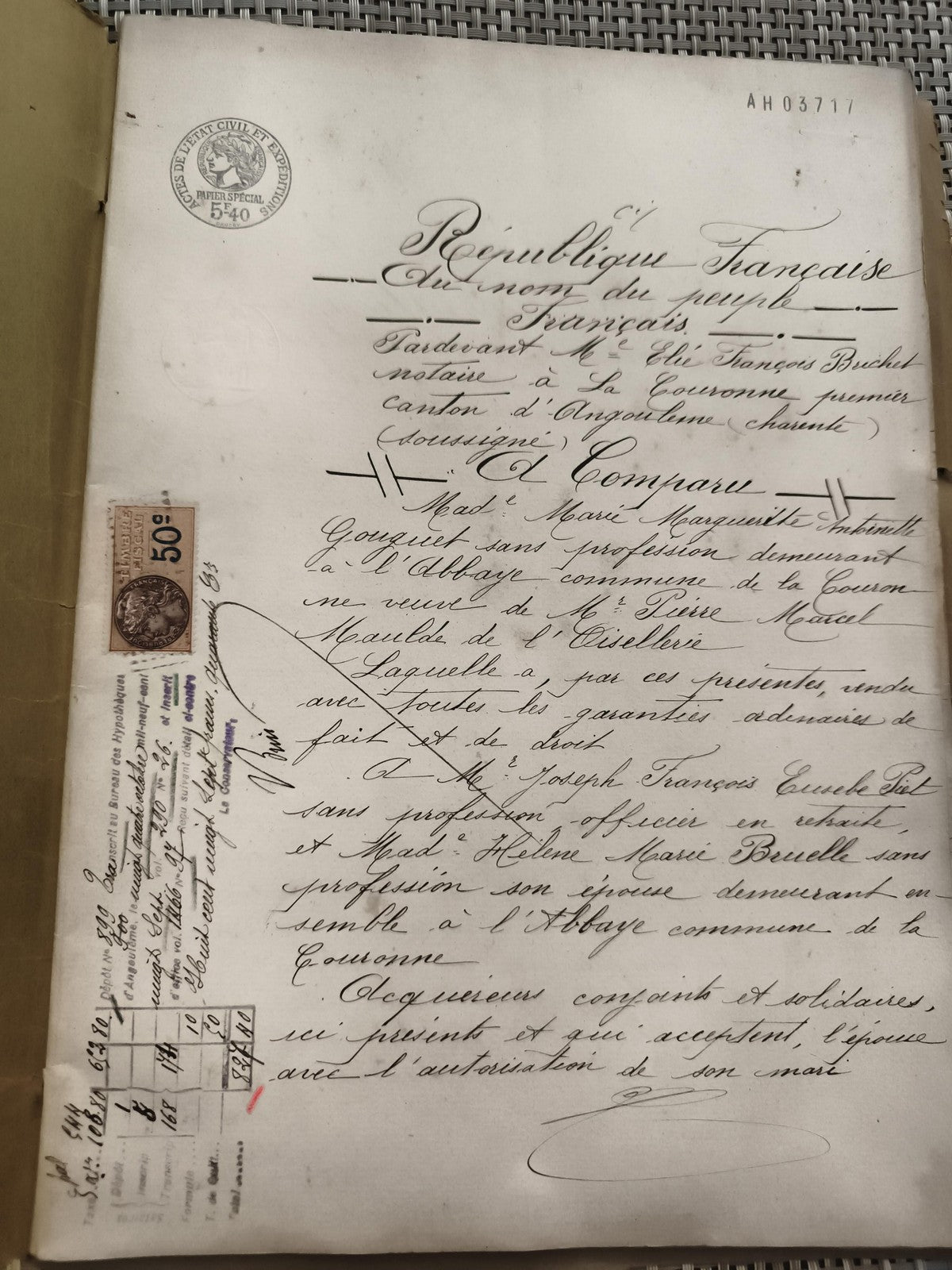 Ancien document notarié manuscrit timbre fiscal République Française 1900s