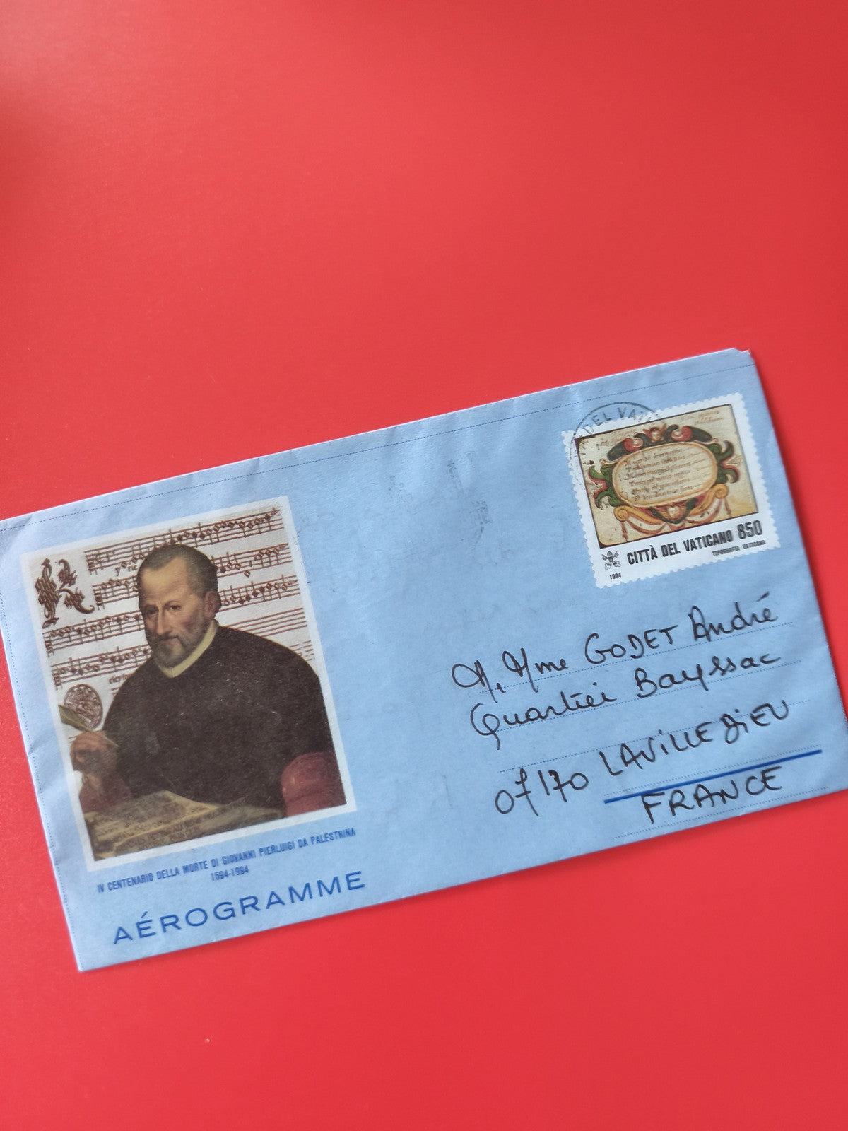 Enveloppe philatélie bleue aérogramme Vatican timbre illustré musique