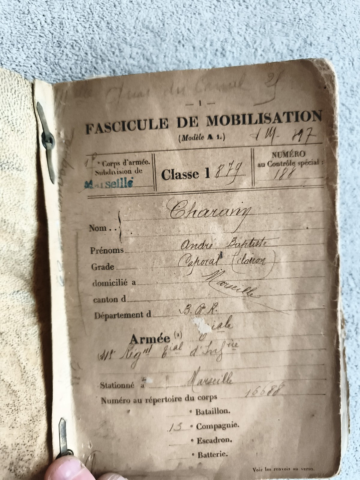 Fascicule de mobilisation ancien 1879 Marseille armée française document militai