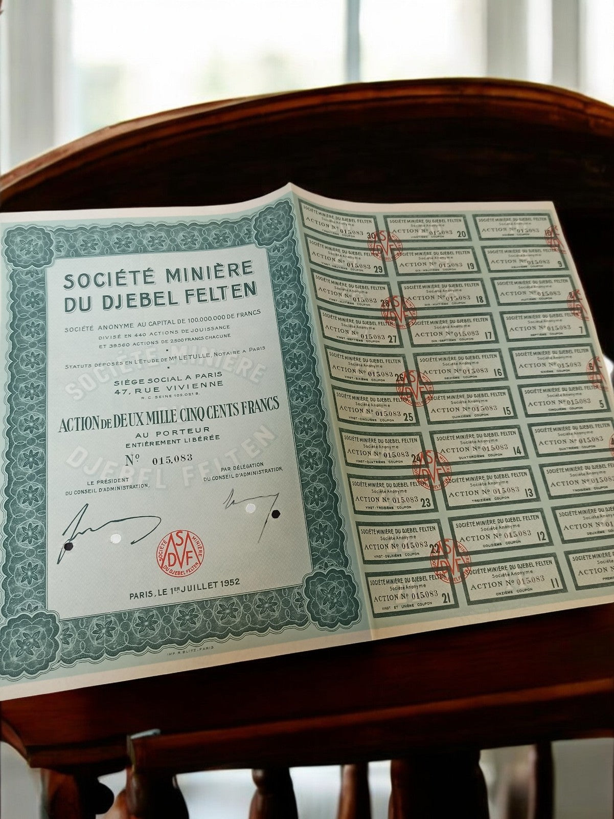 Action ancienne Société Minière Djebel Felten 1952, document financier vintage