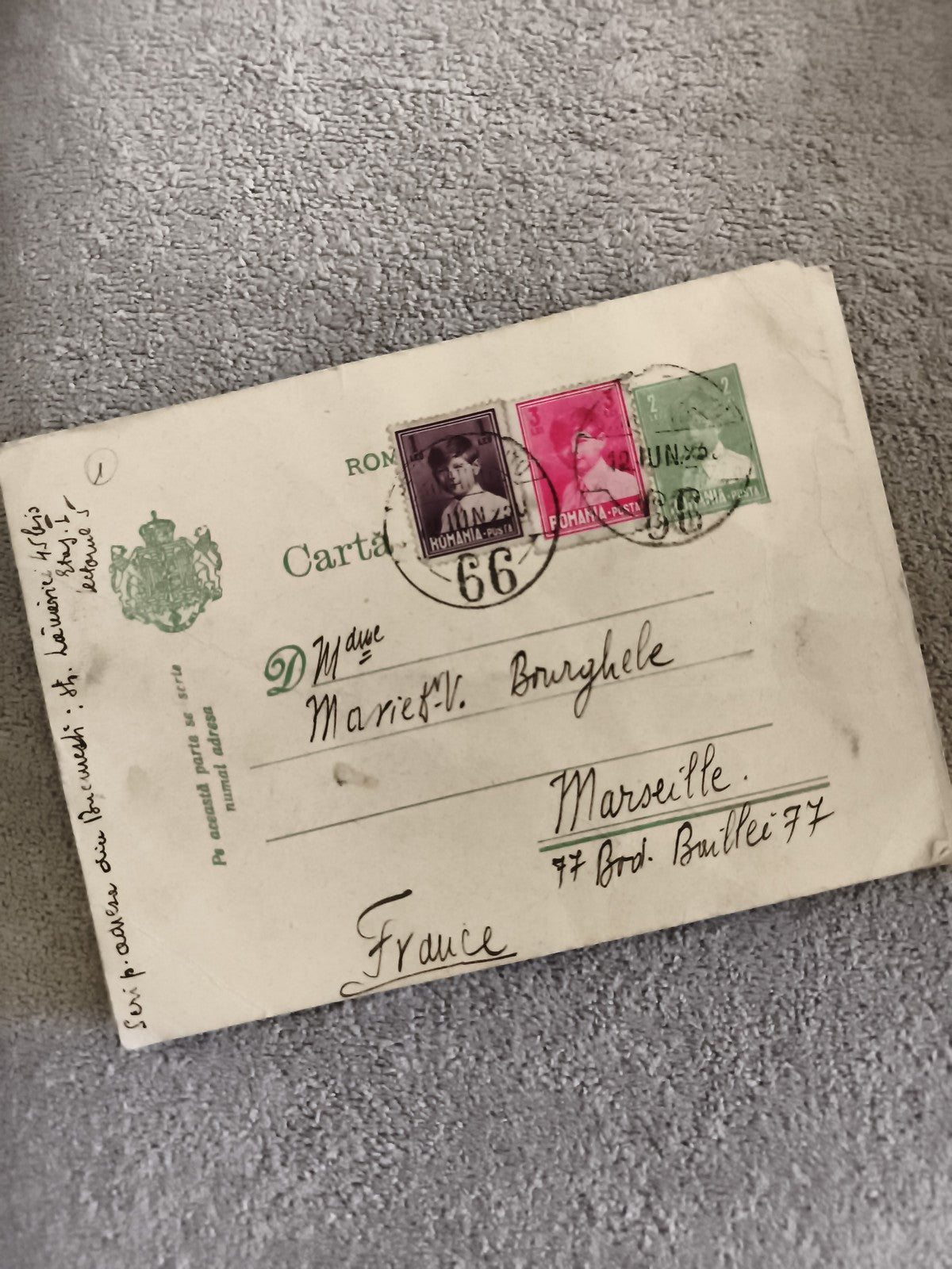 Carte postale affranchie Roumanie timbres 1930s oblitérés Marseille philatélie