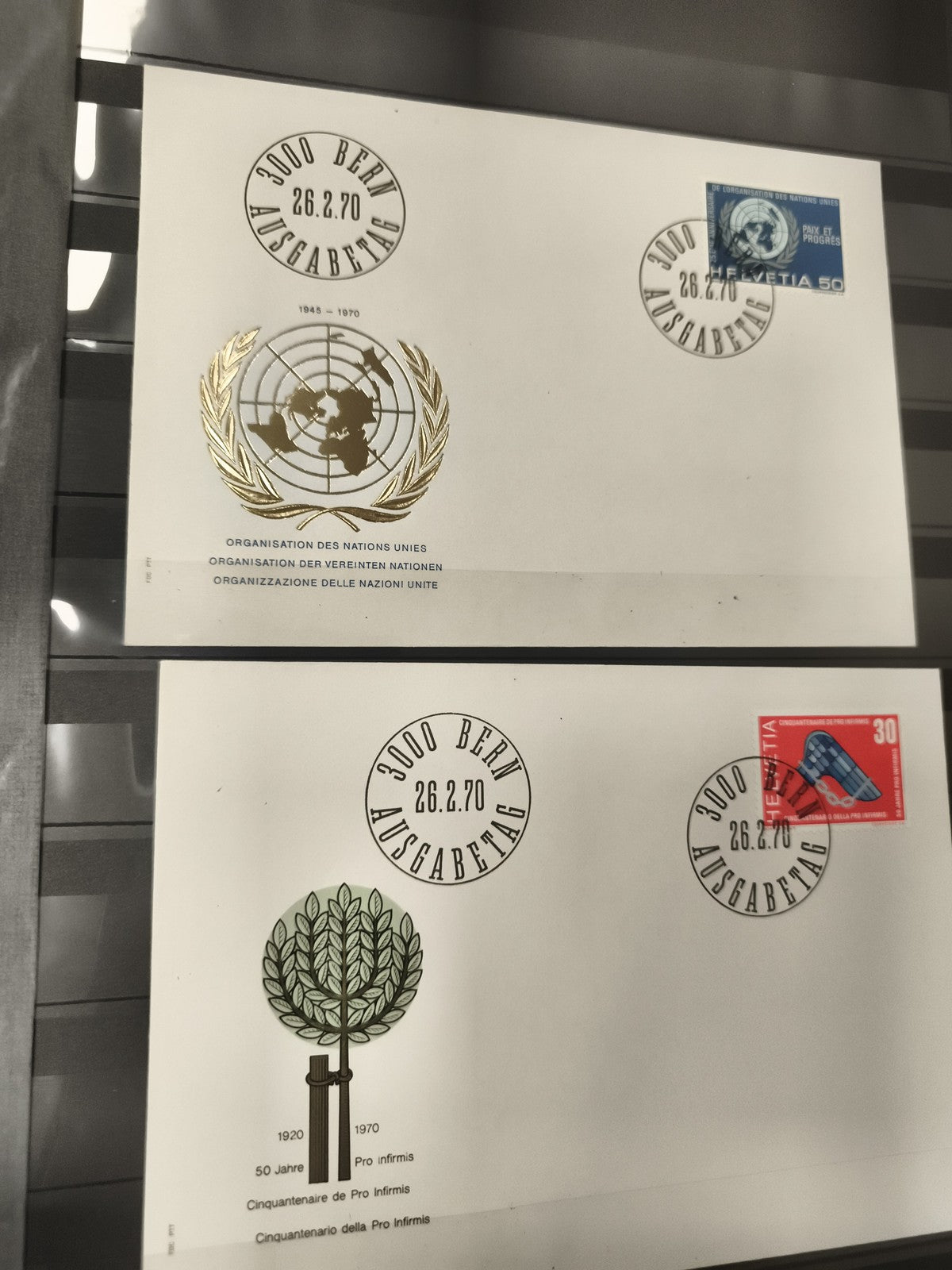 Enveloppes Premier Jour ONU & Pro Infirmis Suisse 1970, timbres commémoratifs