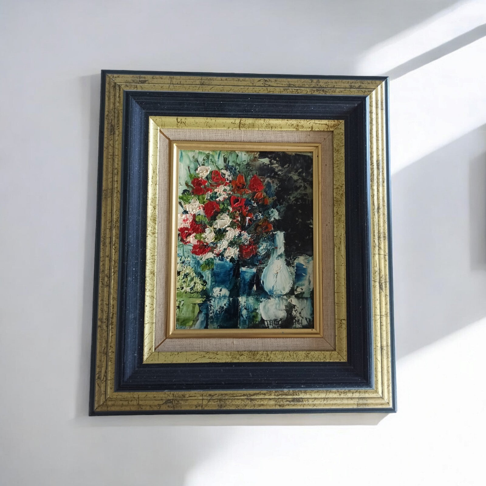Tableau ancien signé Montaggioni fleurs nature morte cadre doré 32x28 cm peintur