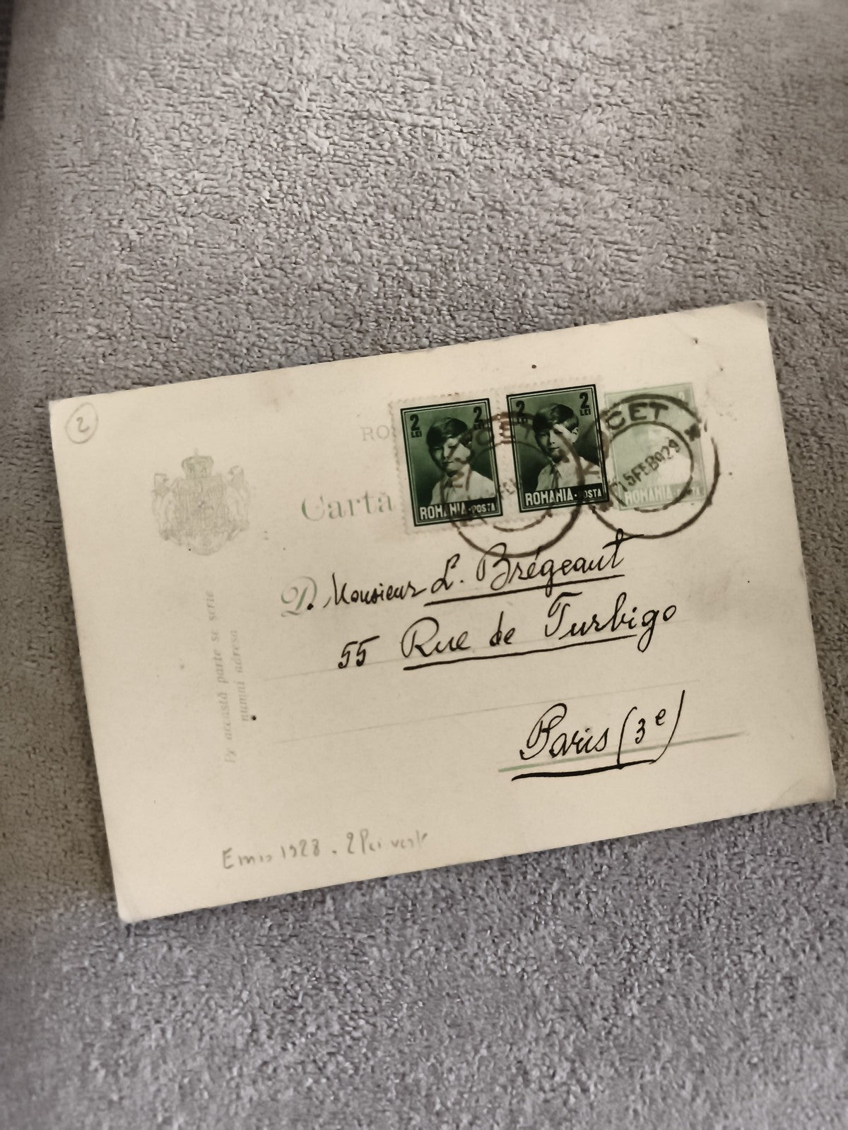 Carte postale affranchie Roumanie 1928 timbres 2 Lei philatélie Paris